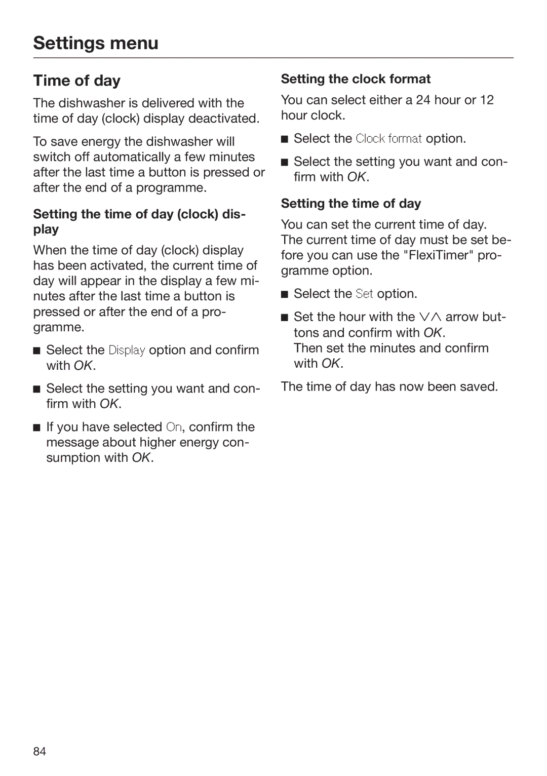 Miele 09 645 470 manual Time of day, Setting the time of day clock dis‐ play, Setting the clock format 