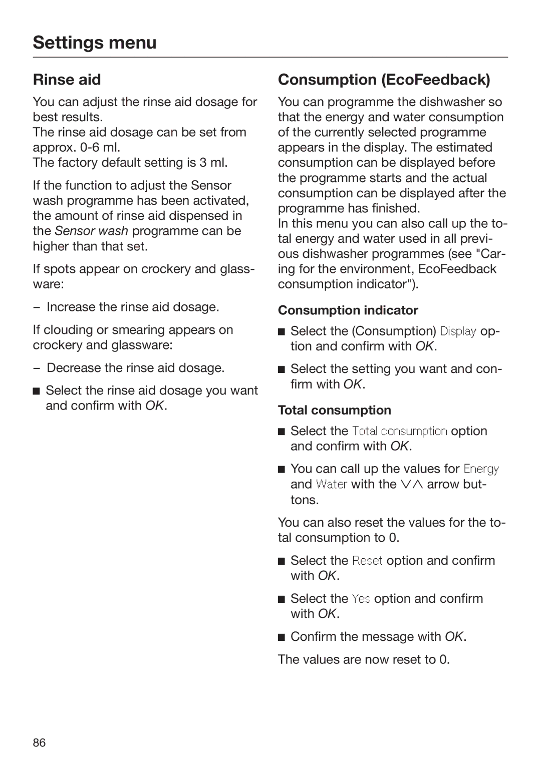 Miele 09 645 470 manual Consumption EcoFeedback, Consumption indicator, Total consumption 