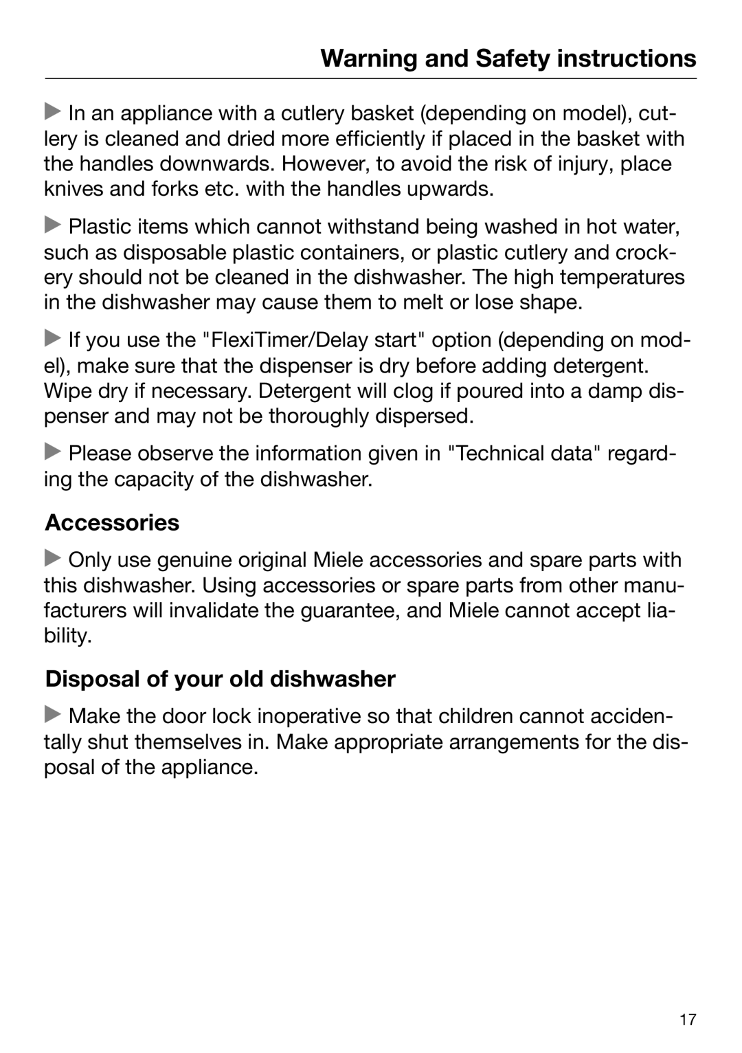 Miele 09 645 470 manual Accessories, Disposal of your old dishwasher, Warning and Safety instructions 