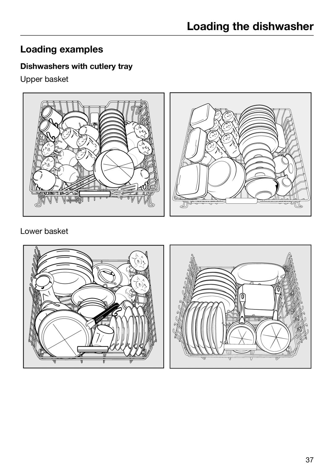 Miele 09 645 470 manual Loading examples, Loading the dishwasher, Dishwashers with cutlery tray 