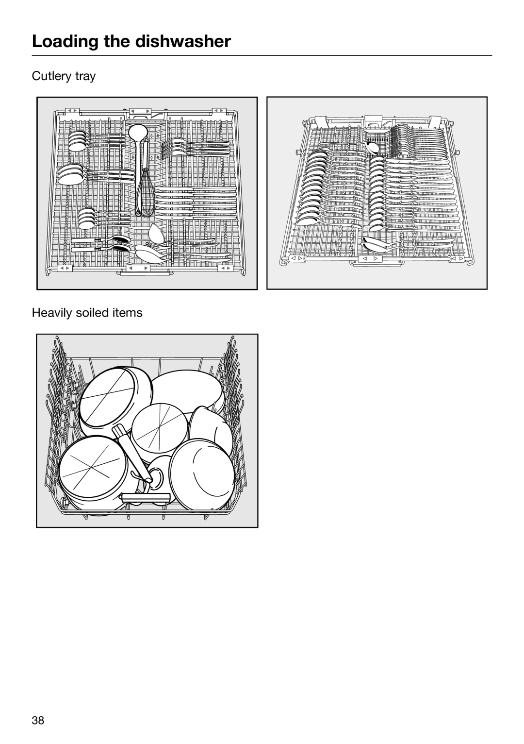 Miele 09 645 470 manual Loading the dishwasher, Cutlery tray Heavily soiled items 
