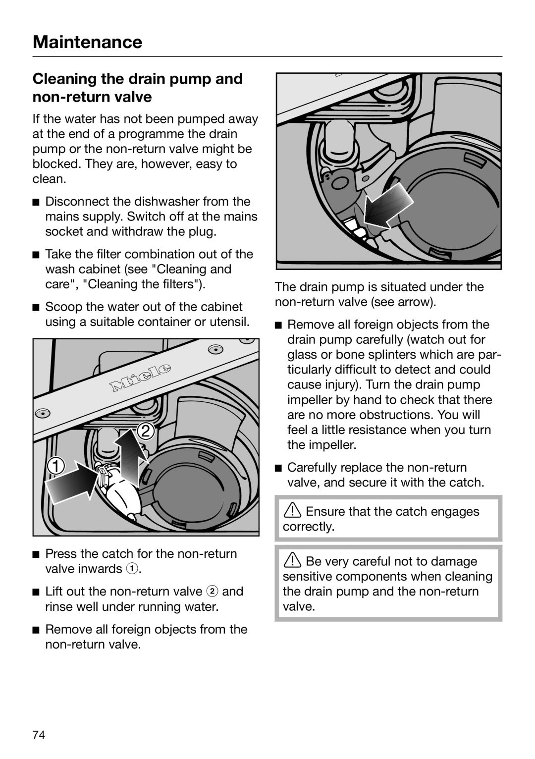 Miele 09 645 470 manual Cleaning the drain pump and non-return valve, Maintenance 