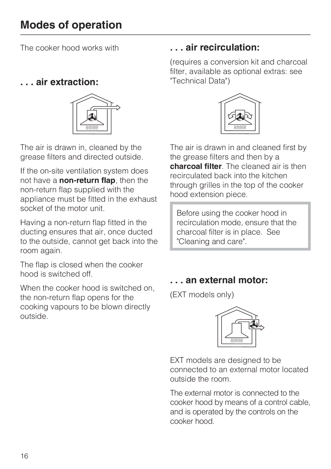 Miele 09 730 840 installation instructions Modes of operation, Air extraction, Air recirculation, An external motor 