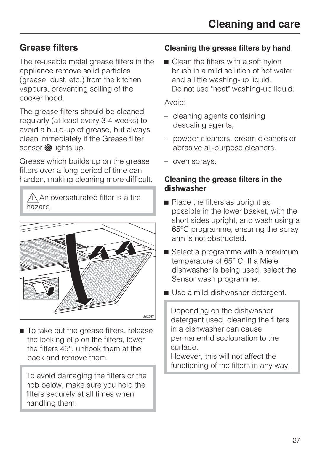 Miele 09 730 840 Grease filters, Cleaning the grease filters by hand, Cleaning the grease filters in the dishwasher 