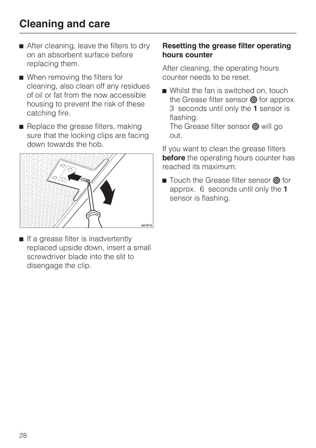 Miele 09 730 840 installation instructions Resetting the grease filter operating hours counter 