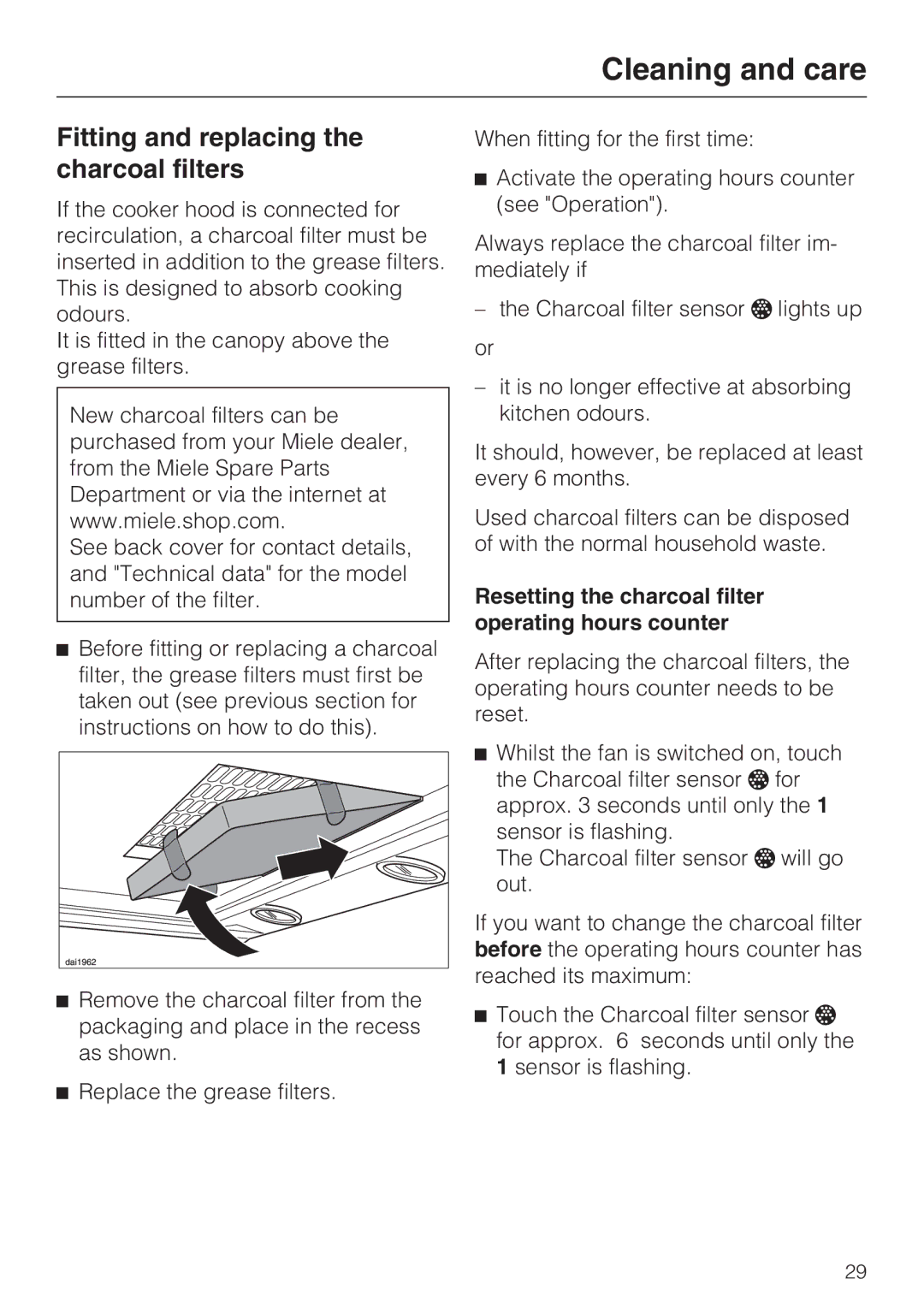 Miele 09 730 840 Fitting and replacing the charcoal filters, Resetting the charcoal filter operating hours counter 