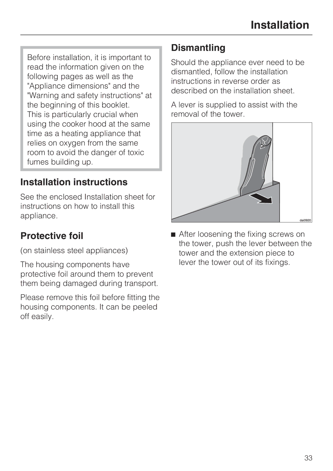 Miele 09 730 840 installation instructions Installation instructions, Protective foil, Dismantling 