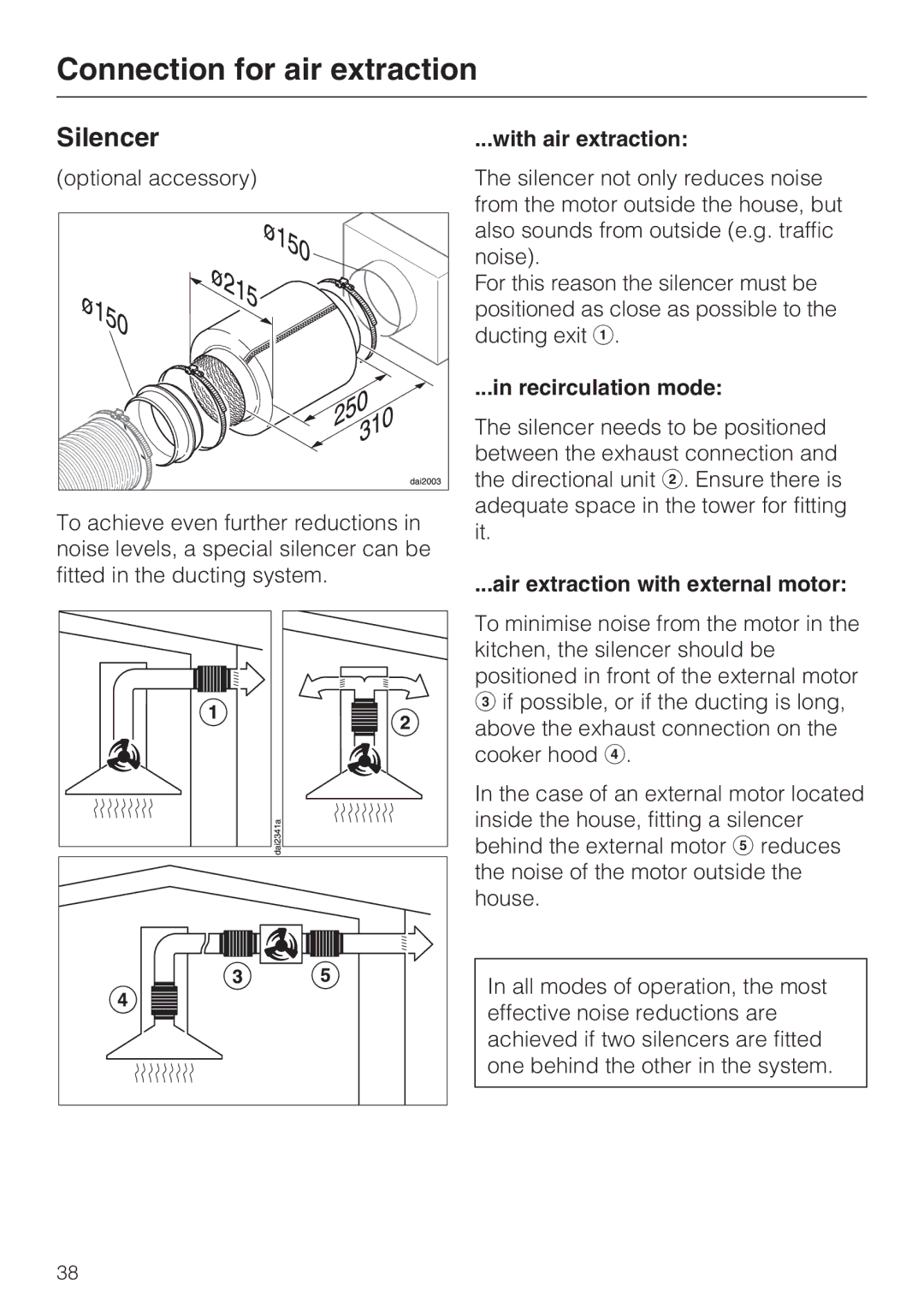 Miele 09 730 840 Silencer, With air extraction, Recirculation mode, Air extraction with external motor 