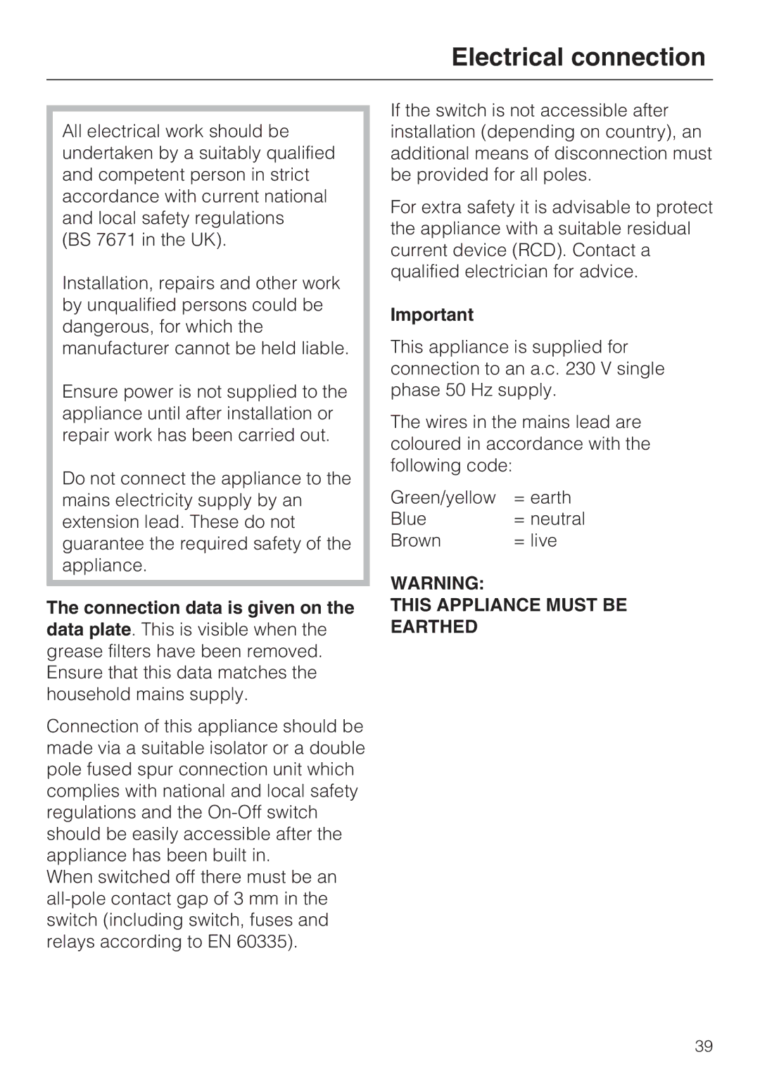 Miele 09 730 840 installation instructions Electrical connection 