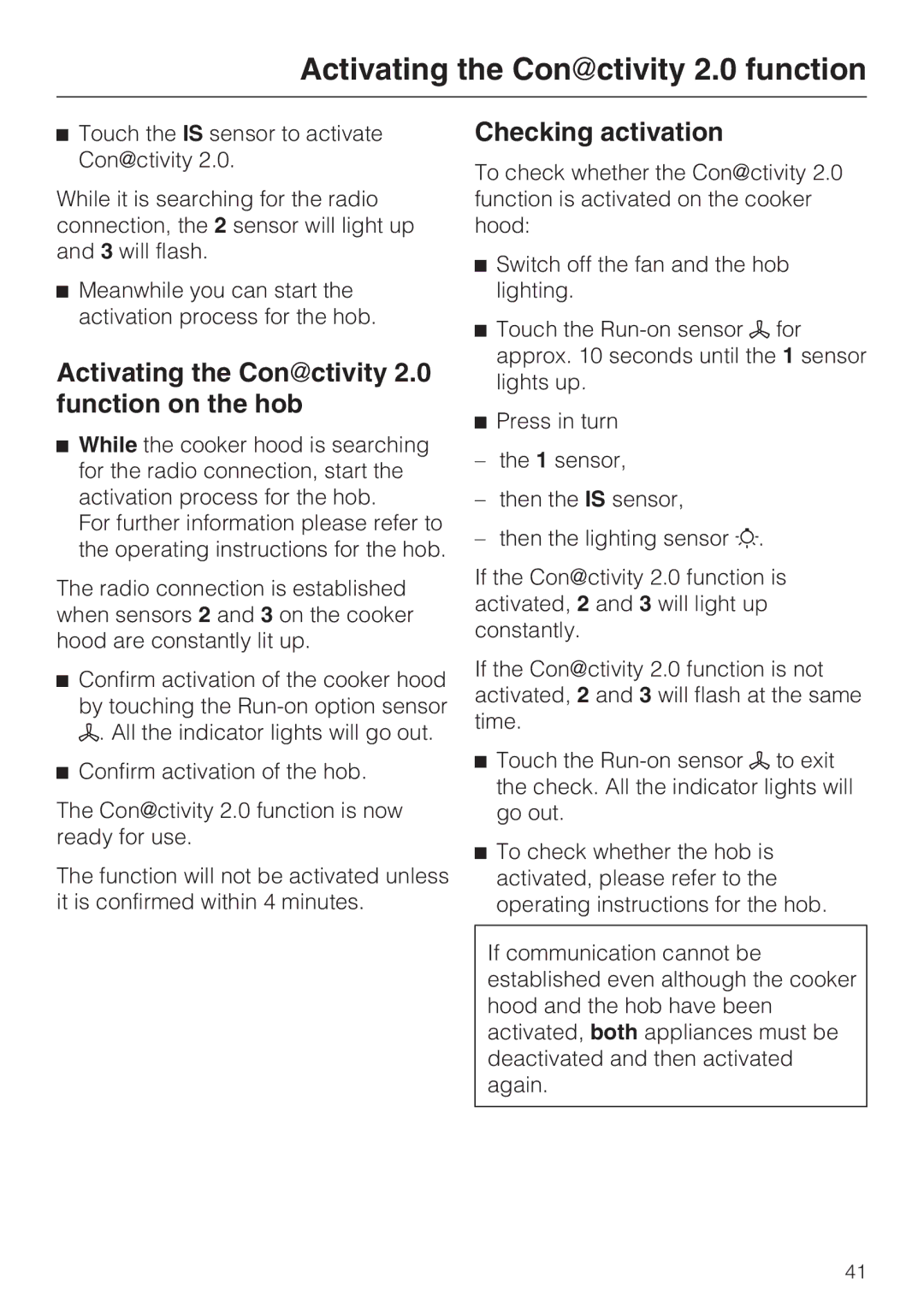 Miele 09 730 840 installation instructions Activating the Conctivity 2.0 function on the hob, Checking activation 