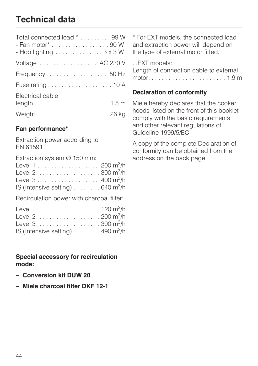 Miele 09 730 840 installation instructions Technical data, Fan performance, Declaration of conformity 