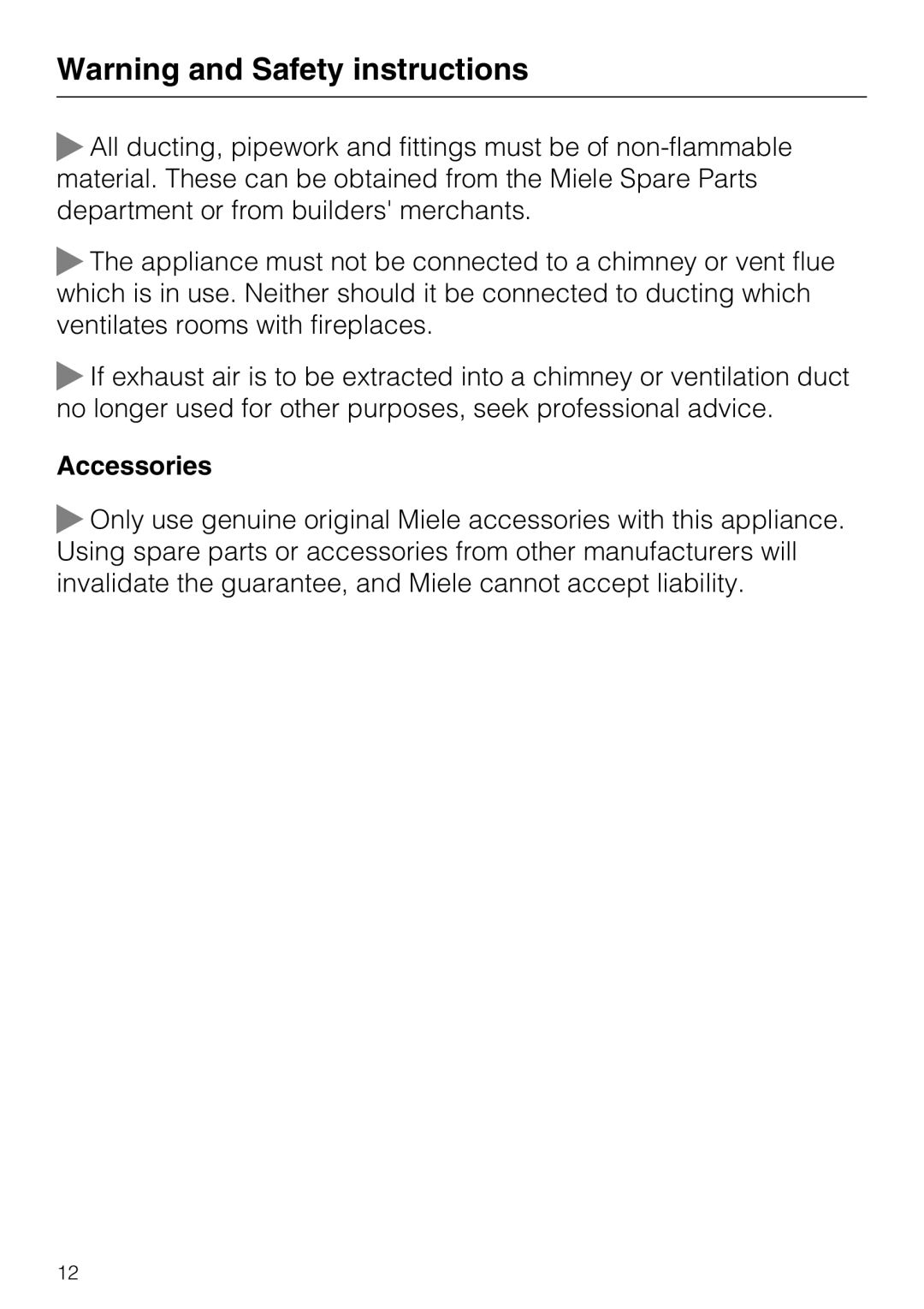 Miele 09 730 840 installation instructions Accessories, Warning and Safety instructions 