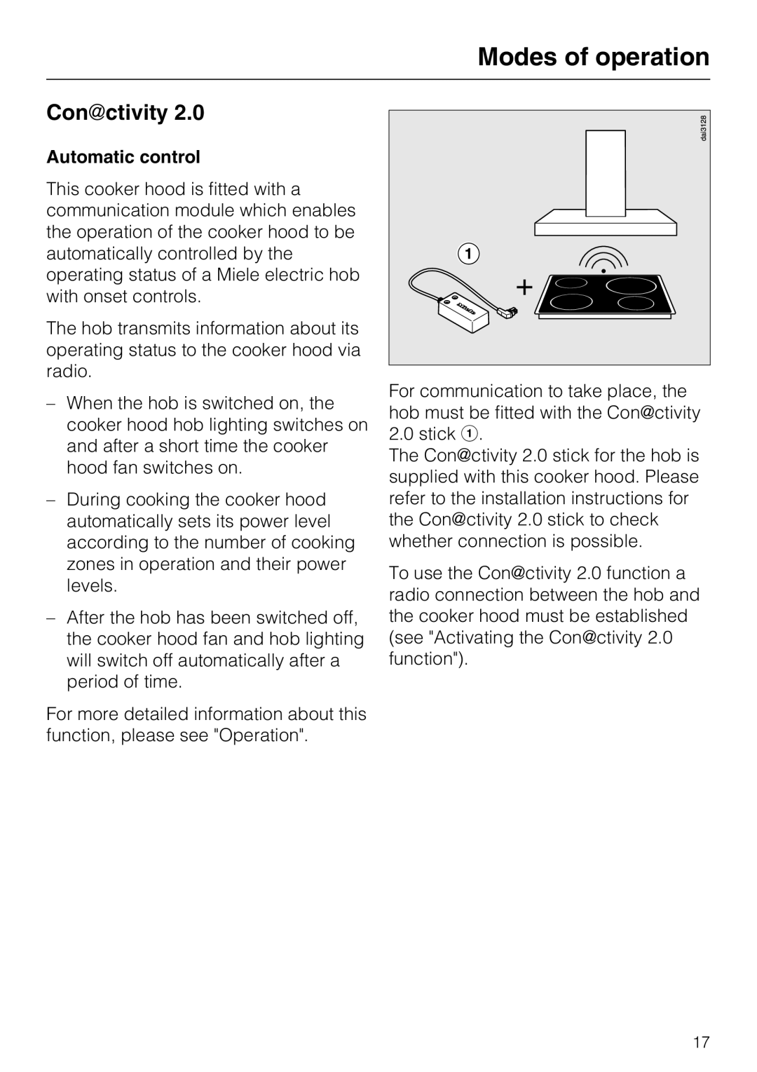 Miele 09 730 840 installation instructions Conctivity, Modes of operation, Automatic control 