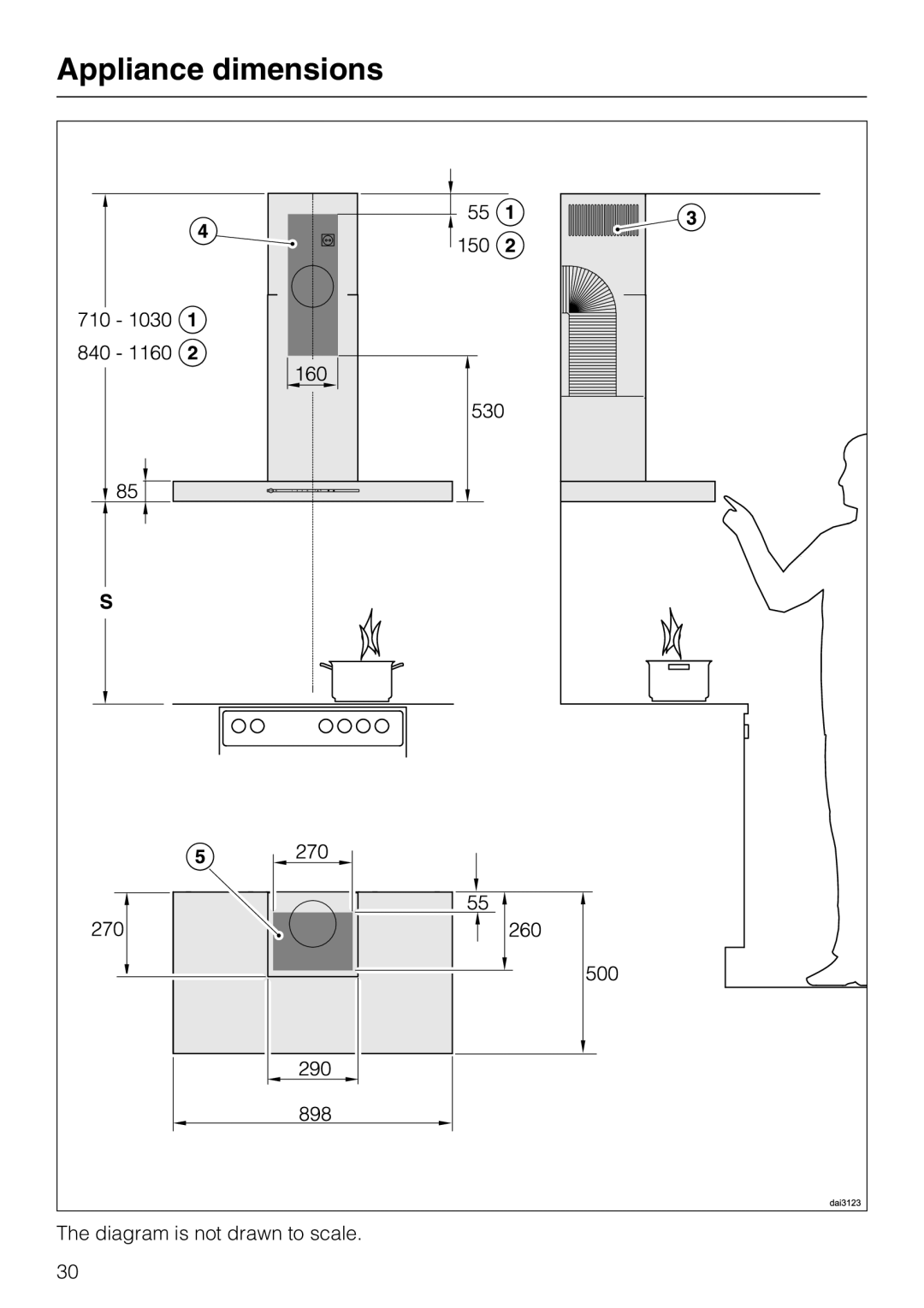 Miele 09 730 840 installation instructions Appliance dimensions, The diagram is not drawn to scale 