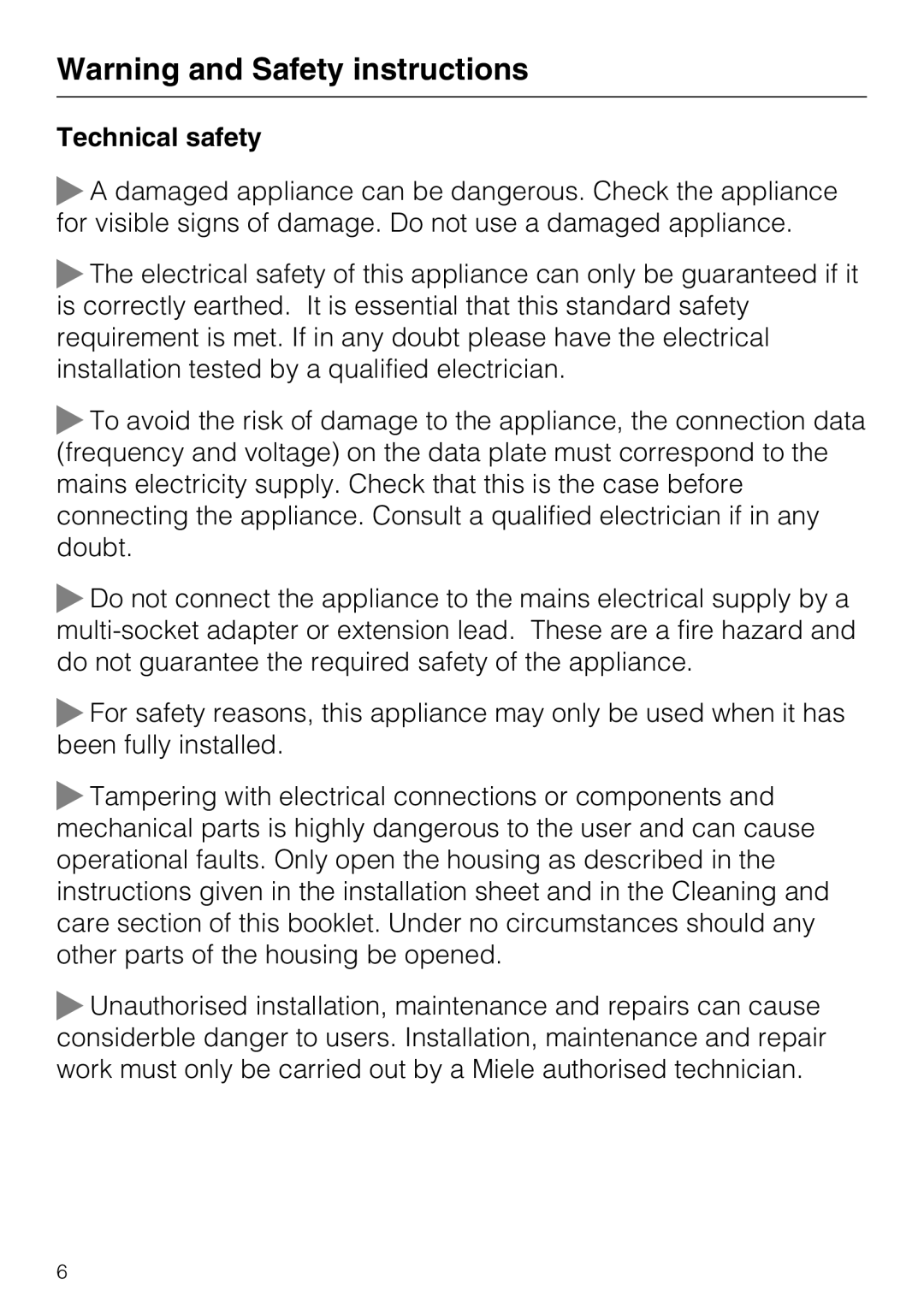 Miele 09 730 840 installation instructions Technical safety, Warning and Safety instructions 