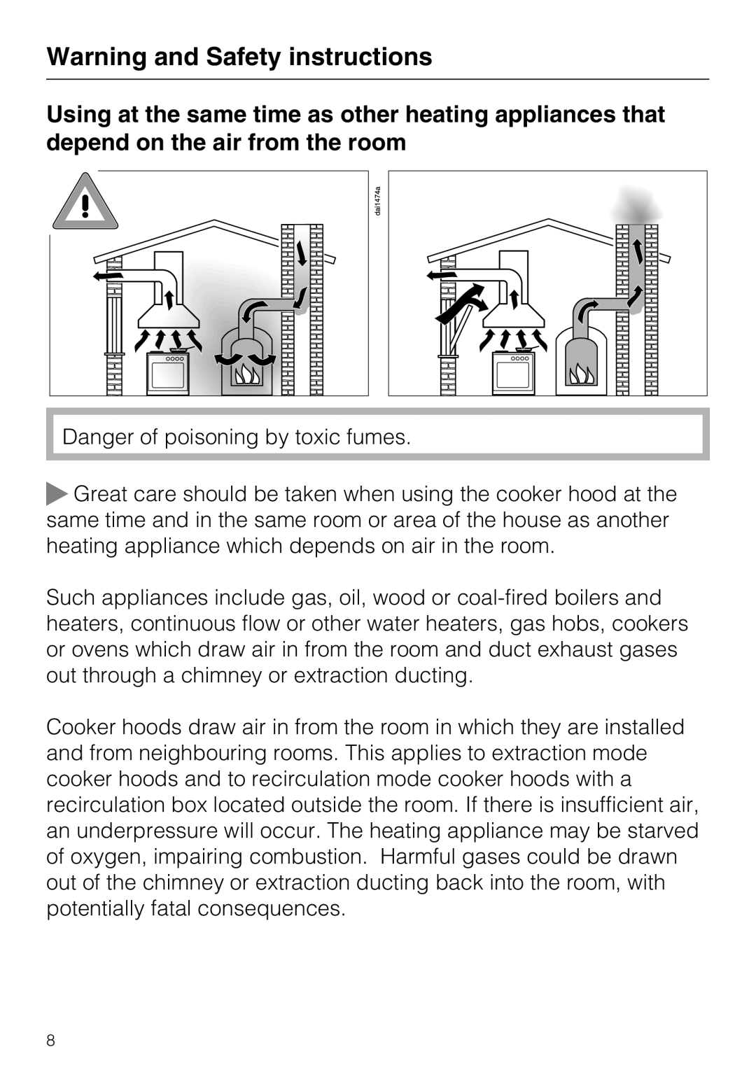 Miele 09 730 840 installation instructions Warning and Safety instructions, Danger of poisoning by toxic fumes 