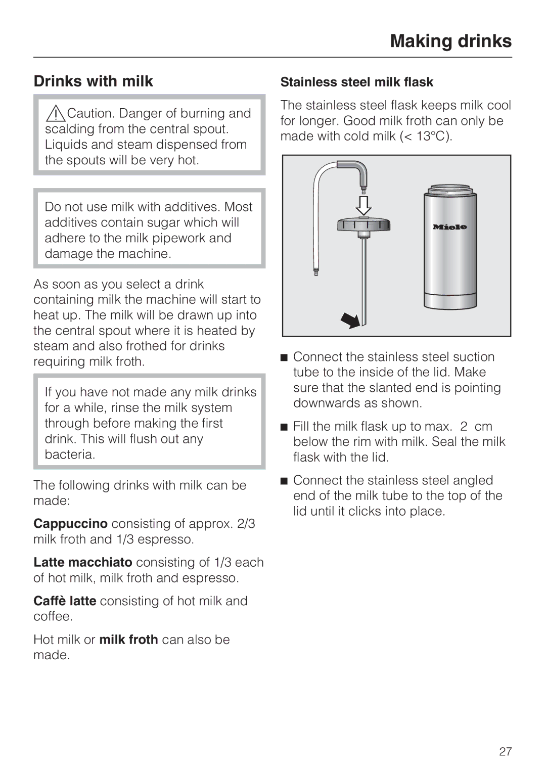 Miele 09 732 150 manual Drinks with milk, Stainless steel milk flask 