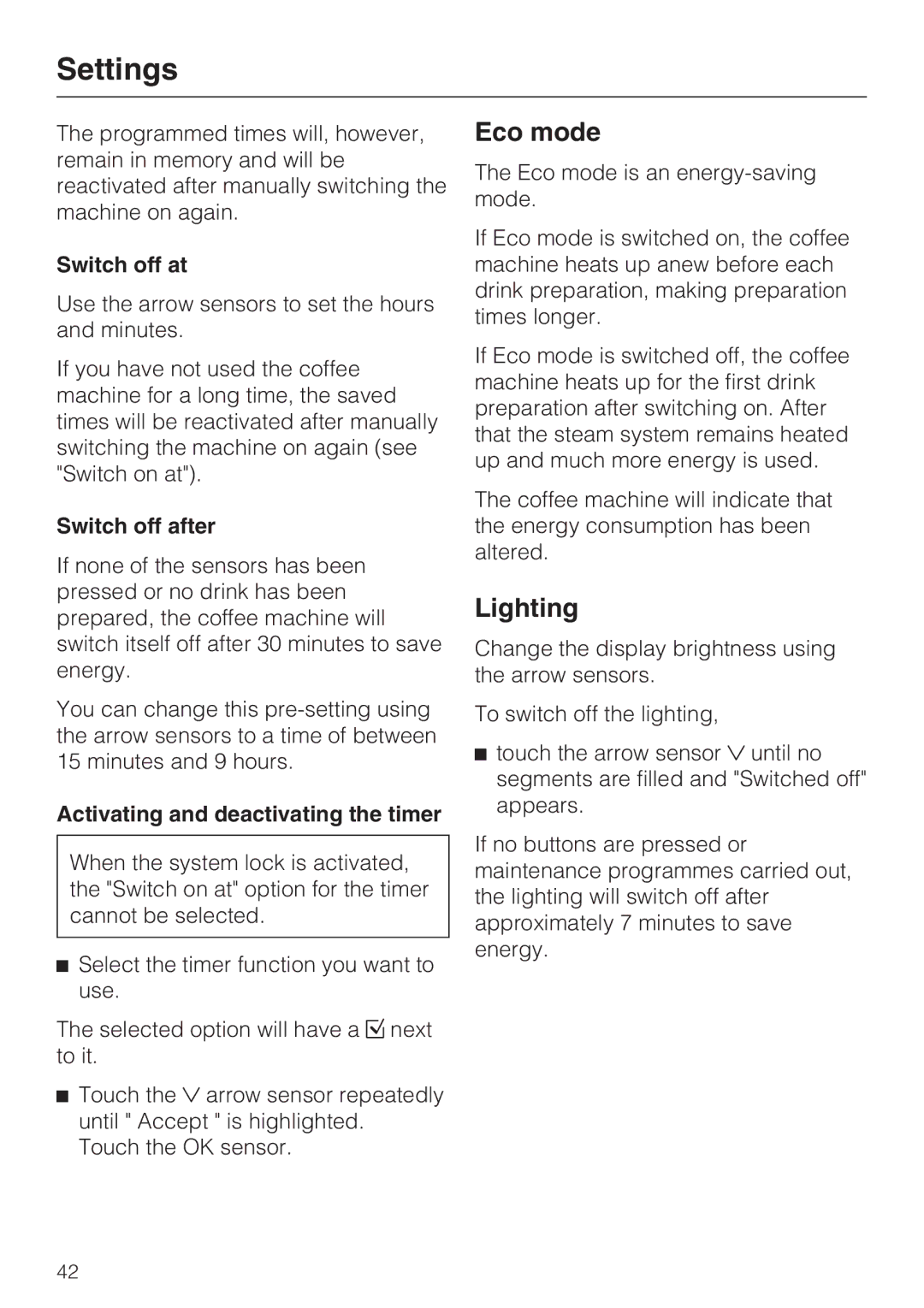 Miele 09 732 150 manual Eco mode, Lighting, Switch off at, Switch off after, Activating and deactivating the timer 