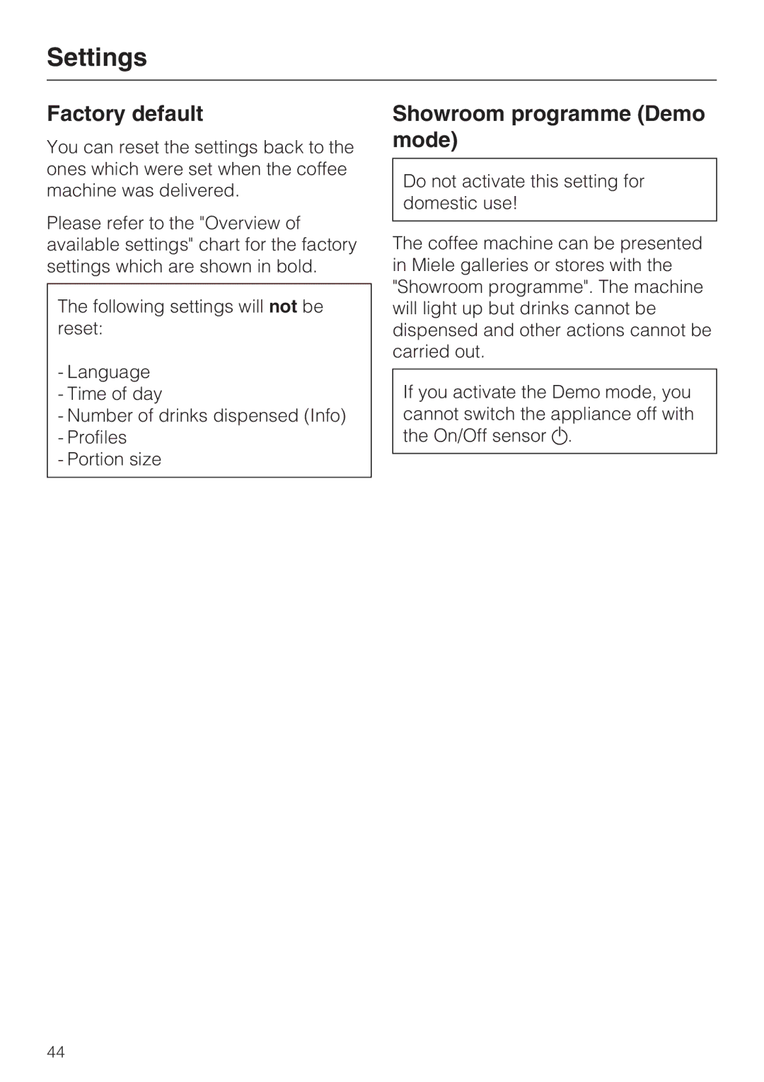 Miele 09 732 150 manual Factory default, Showroom programme Demo mode 