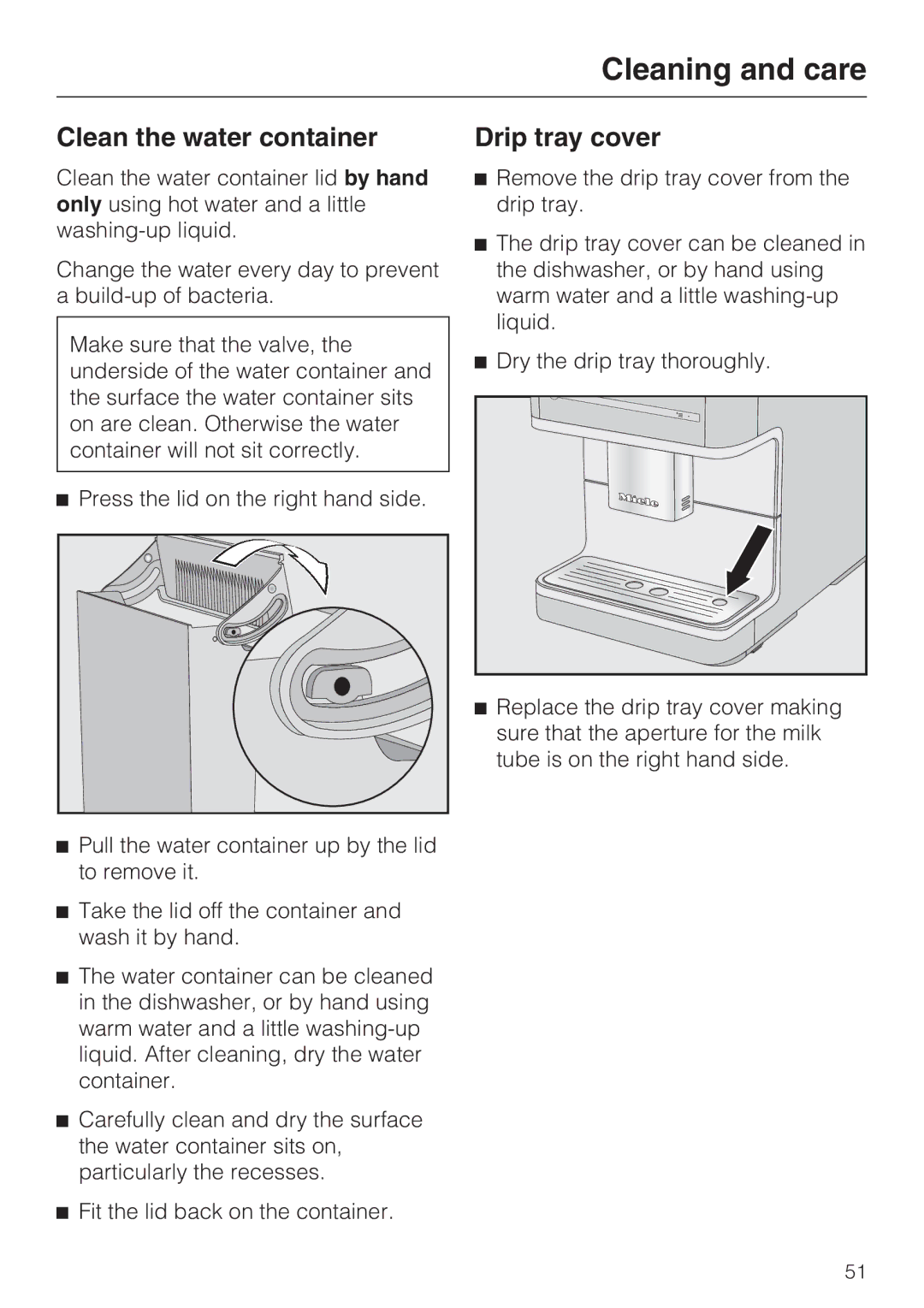 Miele 09 732 150 manual Clean the water container, Drip tray cover 