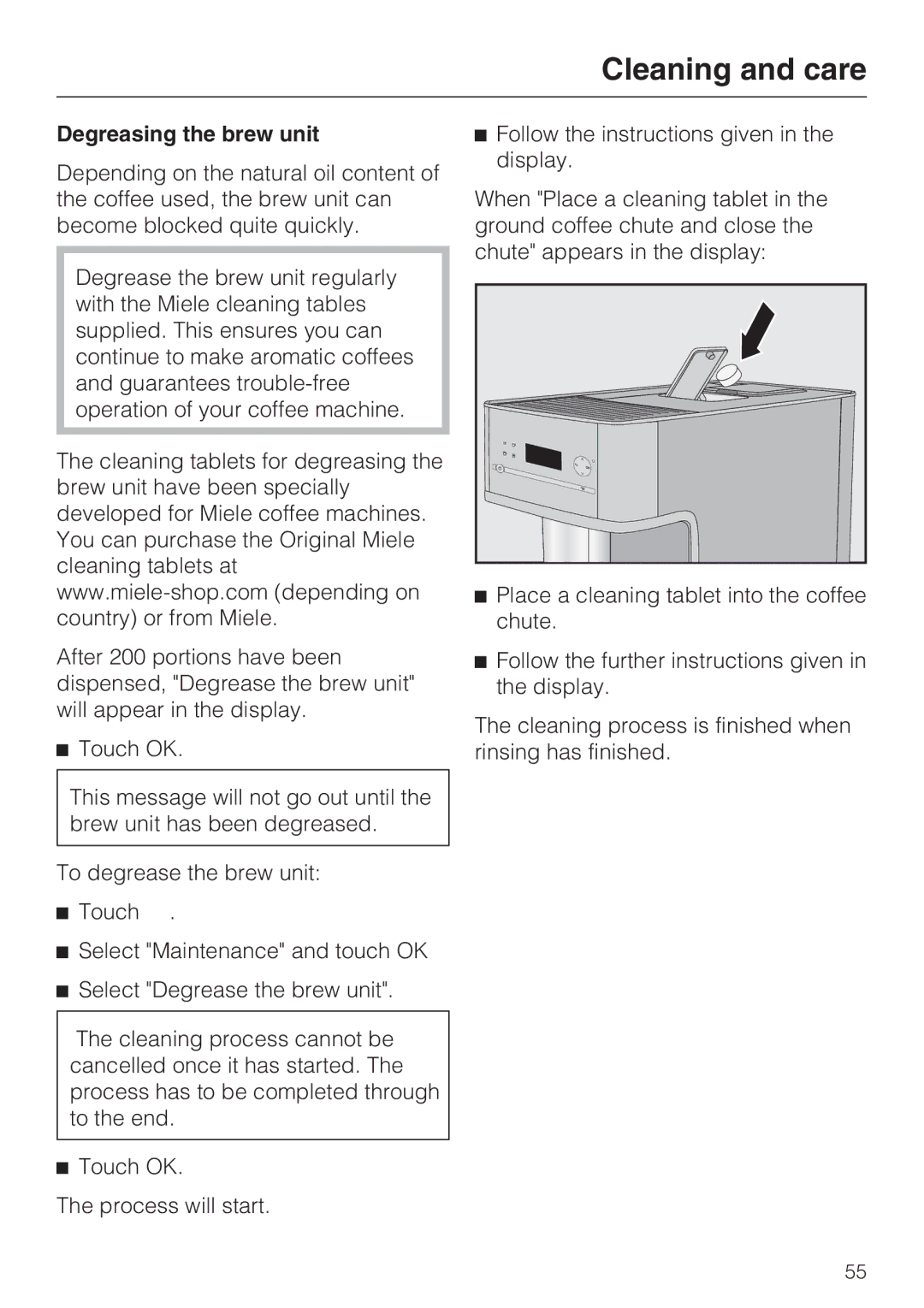 Miele 09 732 150 manual Degreasing the brew unit 