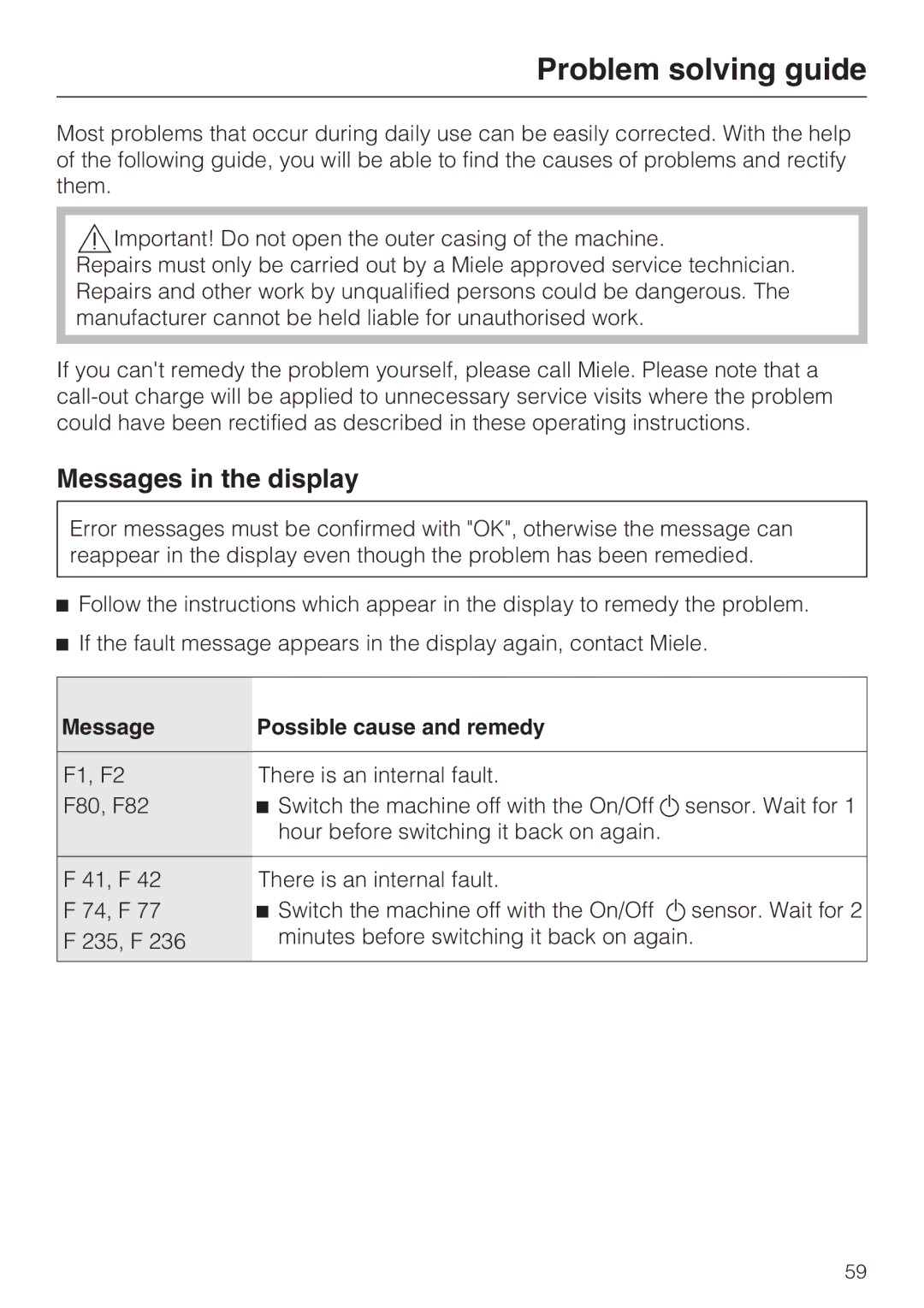 Miele 09 732 150 manual Problem solving guide, Messages in the display, Message Possible cause and remedy 