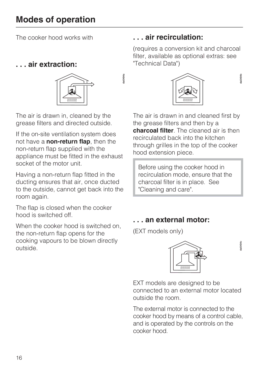 Miele 09 733 840 installation instructions Modes of operation, Air extraction, Air recirculation, An external motor 