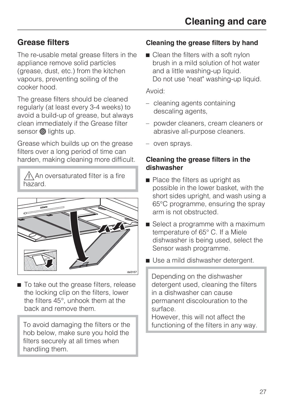 Miele 09 733 840 Grease filters, Cleaning the grease filters by hand, Cleaning the grease filters in the dishwasher 