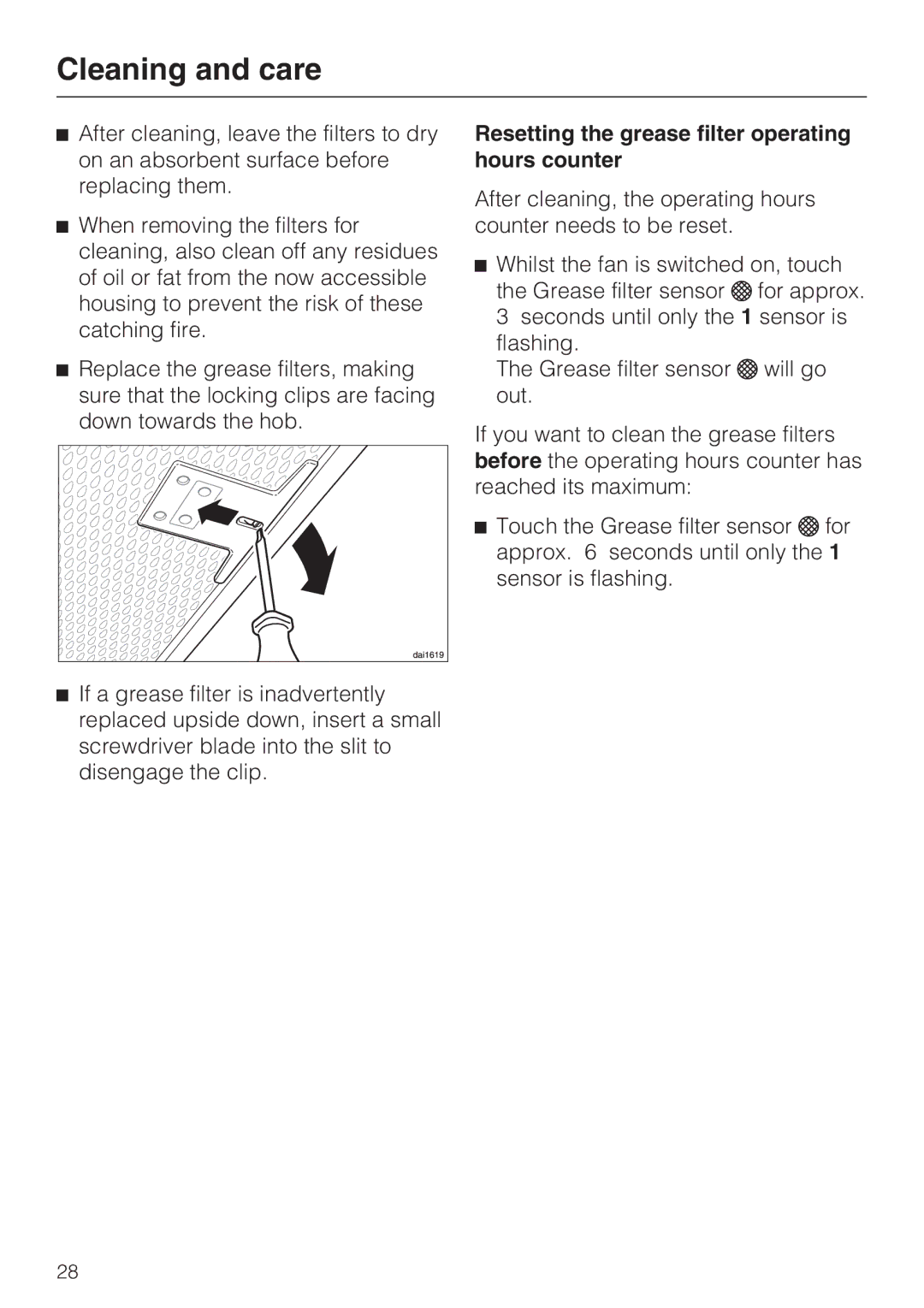 Miele 09 733 840 installation instructions Resetting the grease filter operating hours counter 