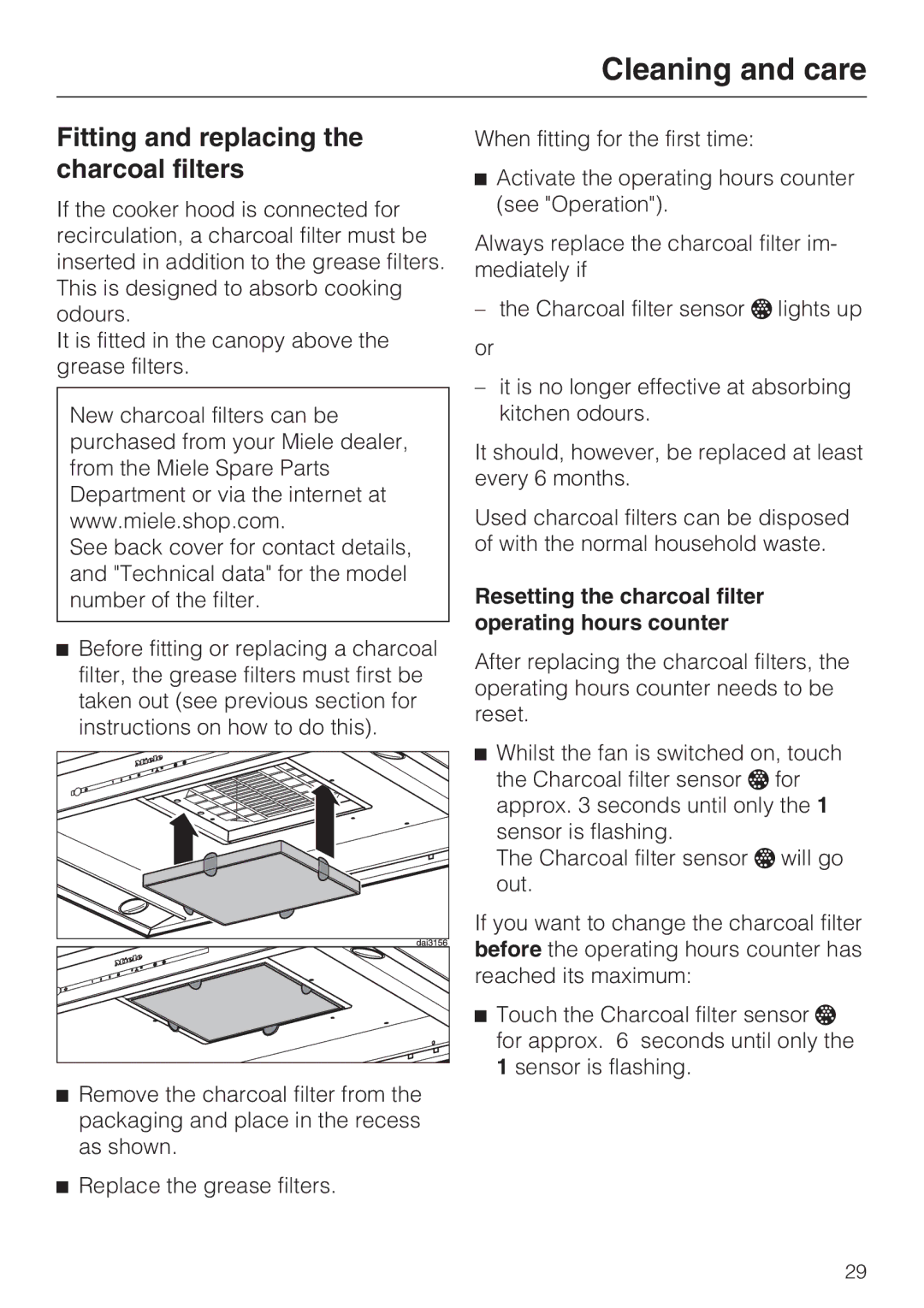 Miele 09 733 840 Fitting and replacing the charcoal filters, Resetting the charcoal filter operating hours counter 