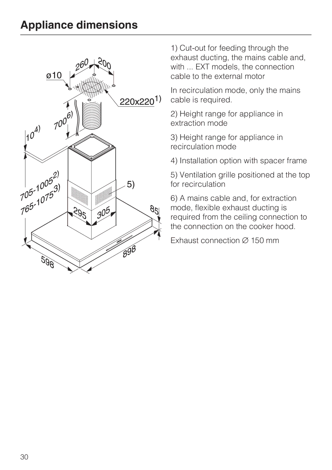 Miele 09 733 840 installation instructions Appliance dimensions 