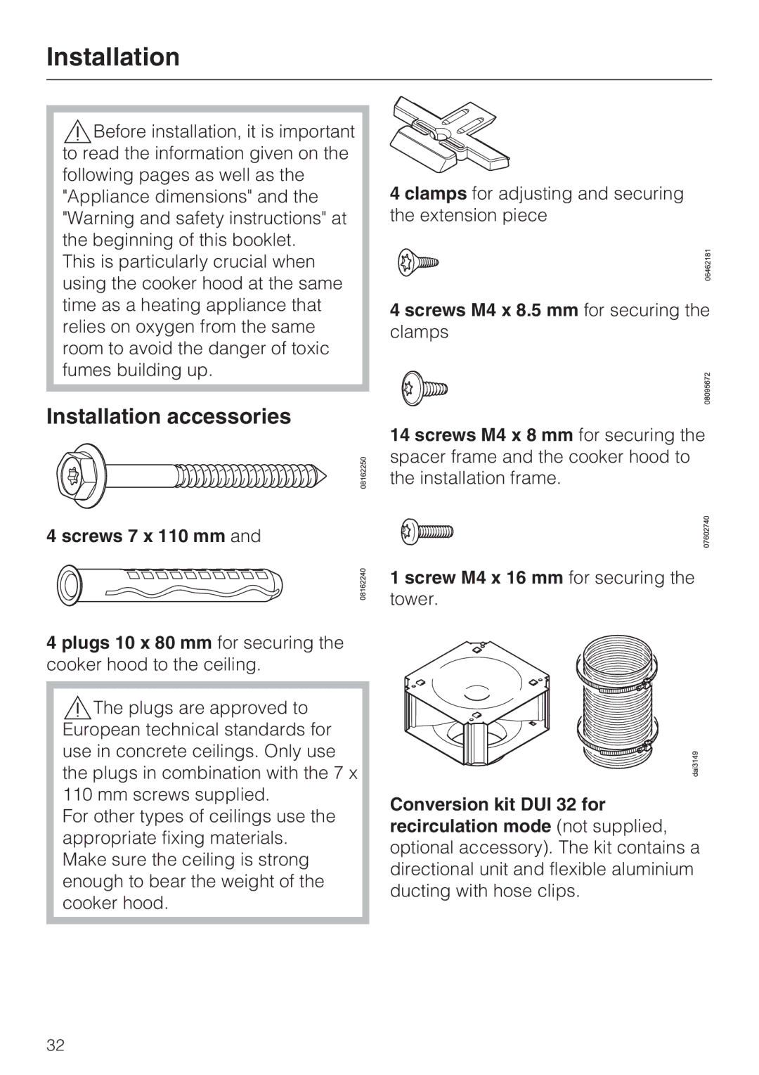 Miele 09 733 840 installation instructions Installation accessories, Screws M4 x 8.5 mm for securing the clamps 