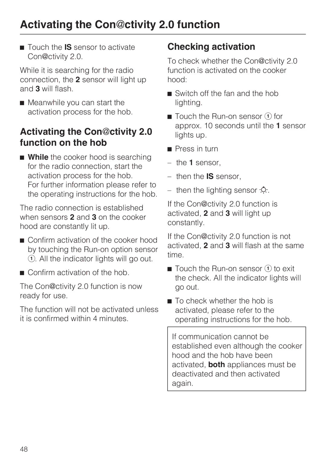 Miele 09 733 840 installation instructions Activating the Conctivity 2.0 function on the hob, Checking activation 