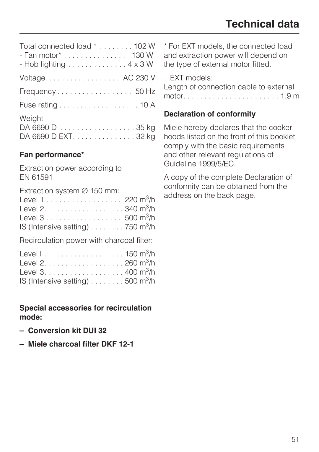 Miele 09 733 840 installation instructions Technical data, Fan performance, Declaration of conformity 