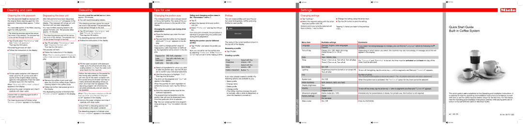 Miele 09 741 530 quick start Cleaning and Care / Descaling, Tips for USE, Settings 