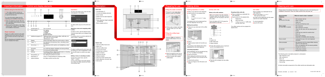 Miele 09 741 530 Important information, Control and display elements, Description, Preparing for use, Making drinks 