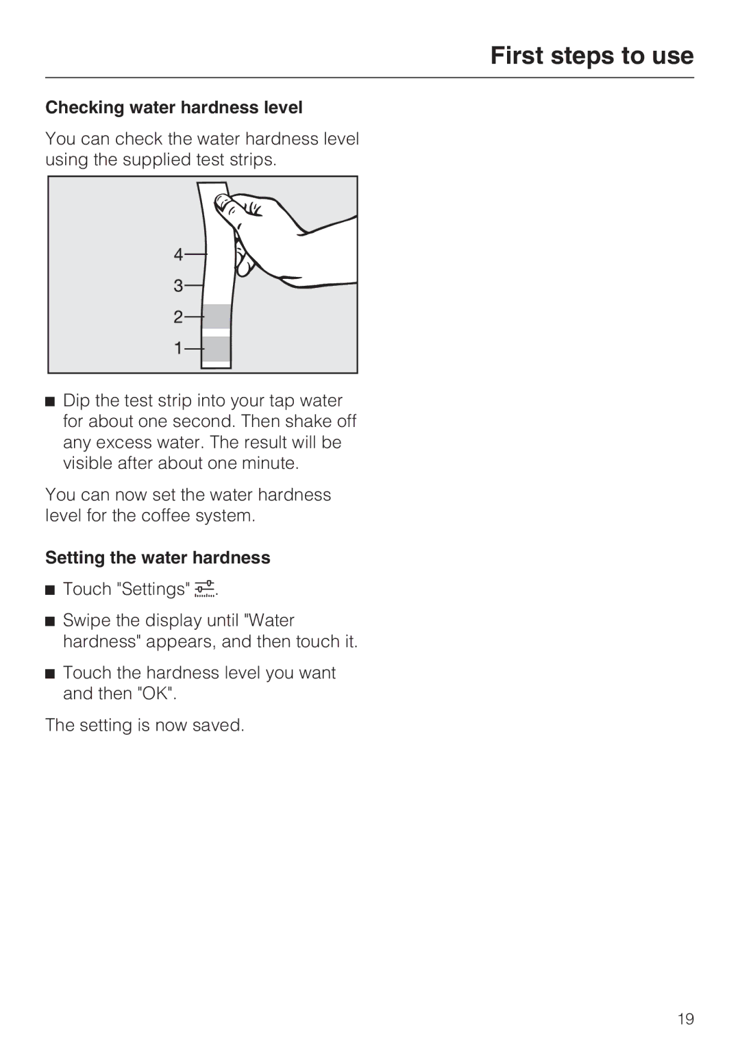 Miele 09 741 681 installation instructions Checking water hardness level, Setting the water hardness 