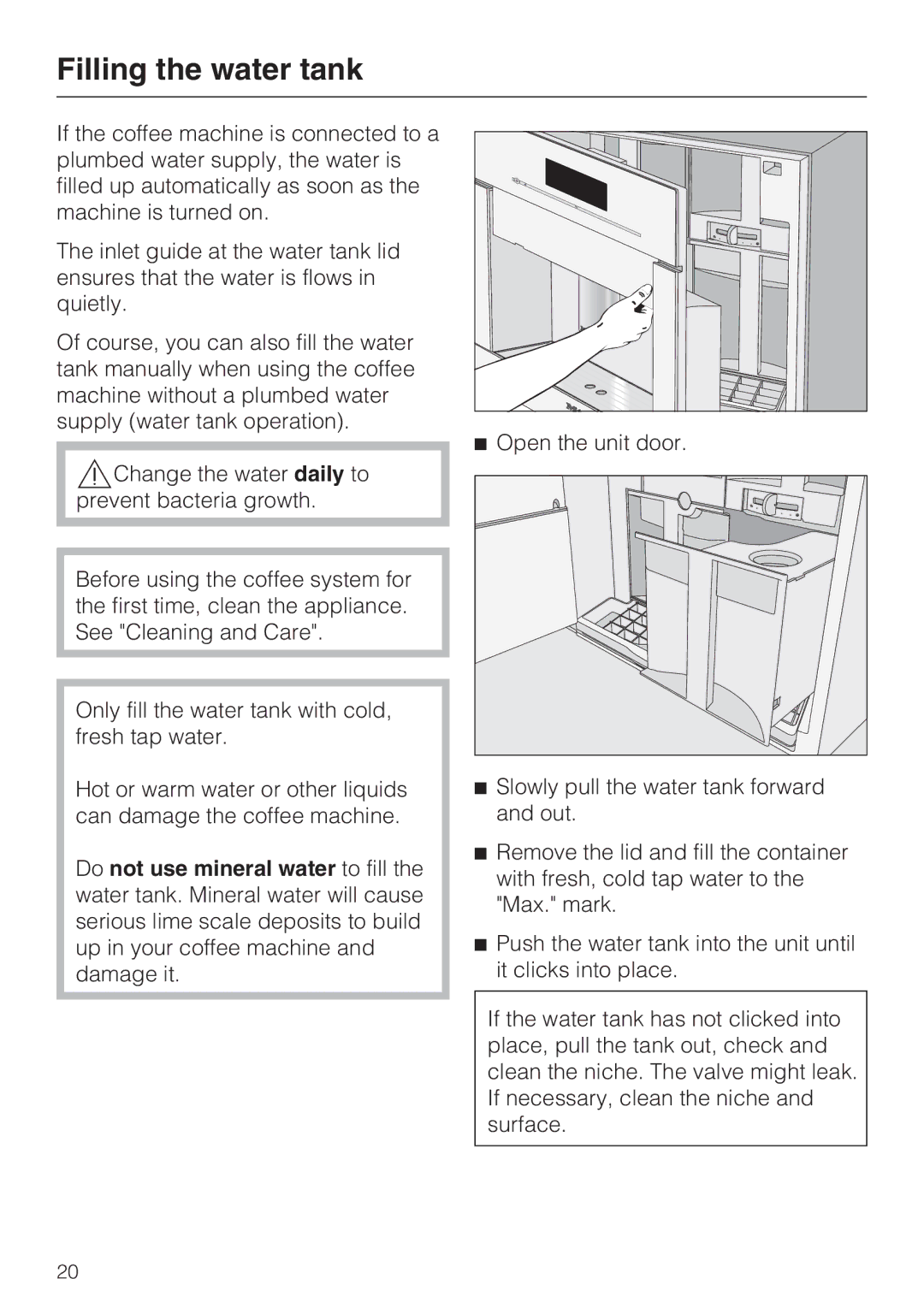 Miele 09 741 681 installation instructions Filling the water tank 