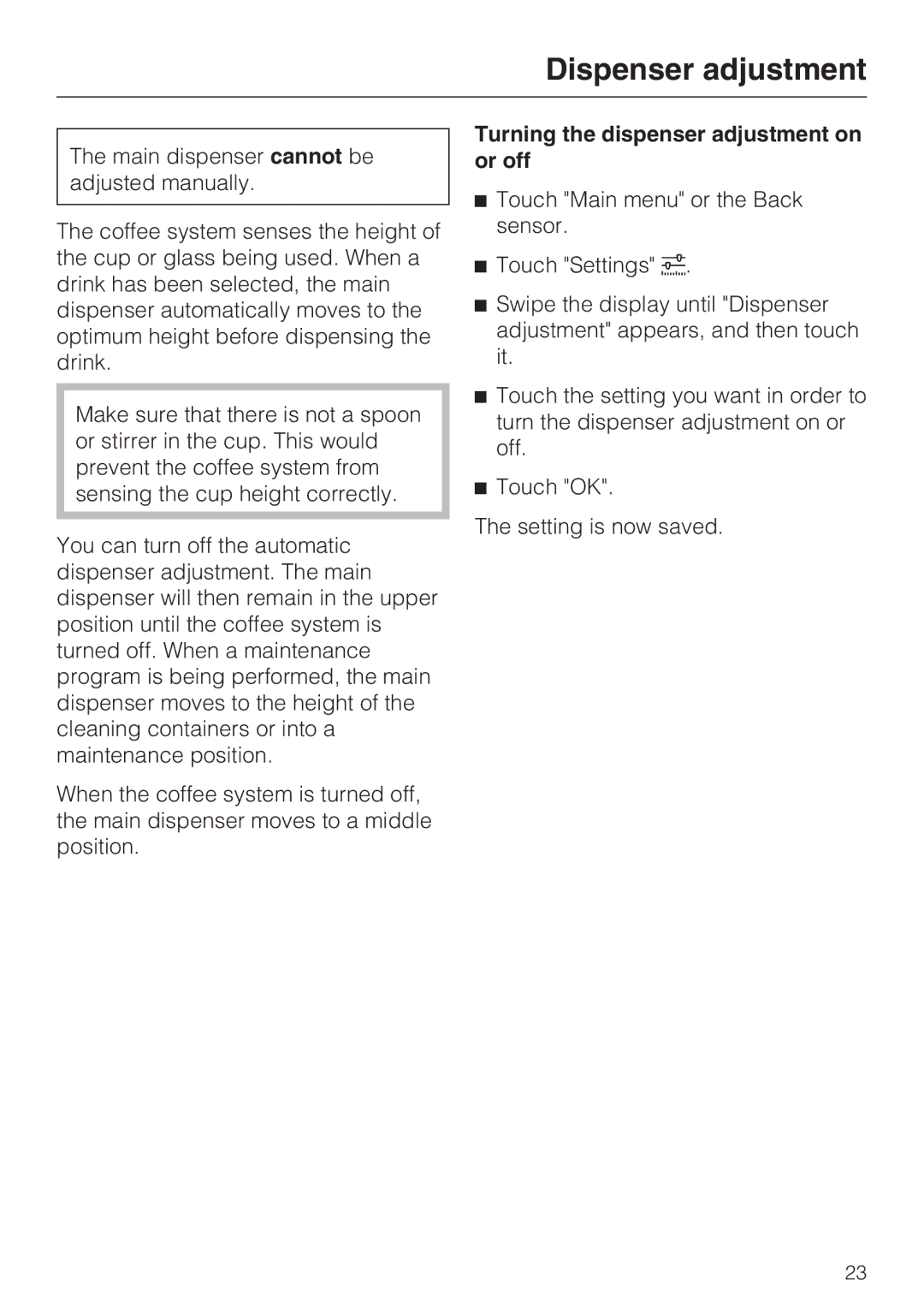 Miele 09 741 681 installation instructions Dispenser adjustment, Turning the dispenser adjustment on or off 