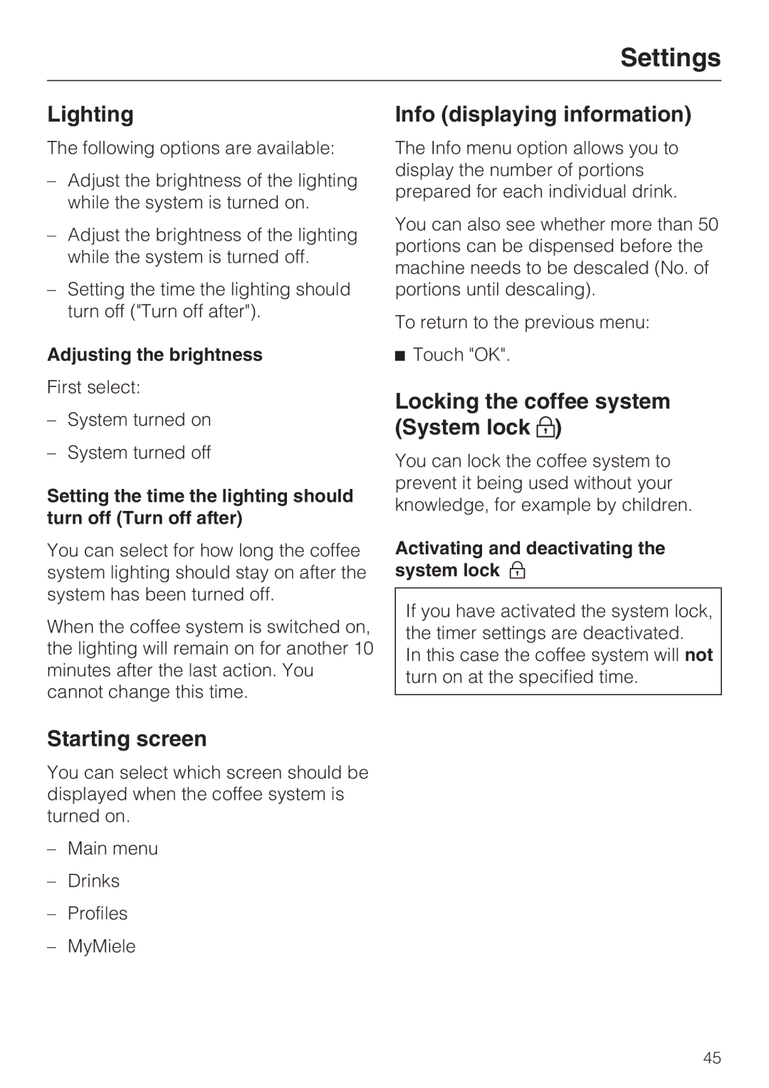 Miele 09 741 681 Lighting, Starting screen, Info displaying information, Locking the coffee system System lock 