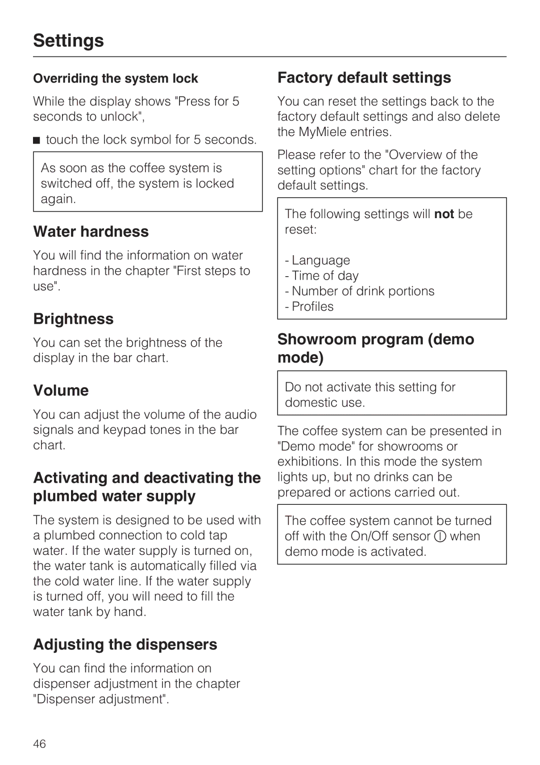 Miele 09 741 681 Brightness, Volume, Activating and deactivating the plumbed water supply, Adjusting the dispensers 