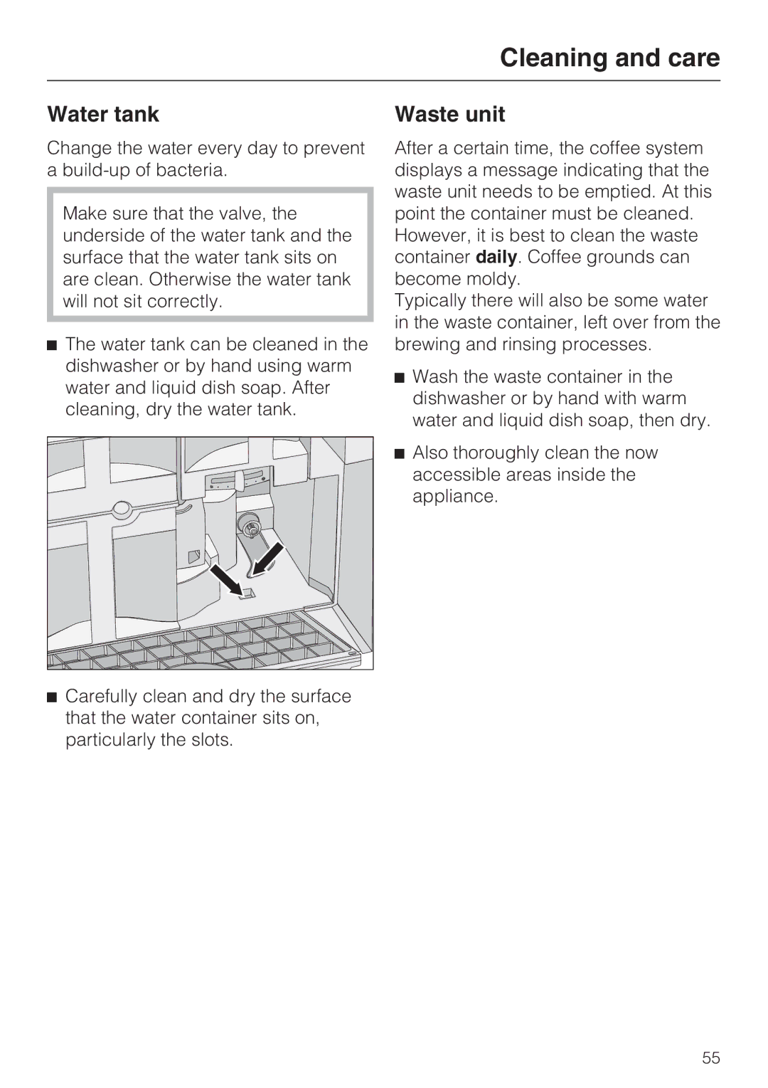 Miele 09 741 681 installation instructions Water tank, Waste unit 