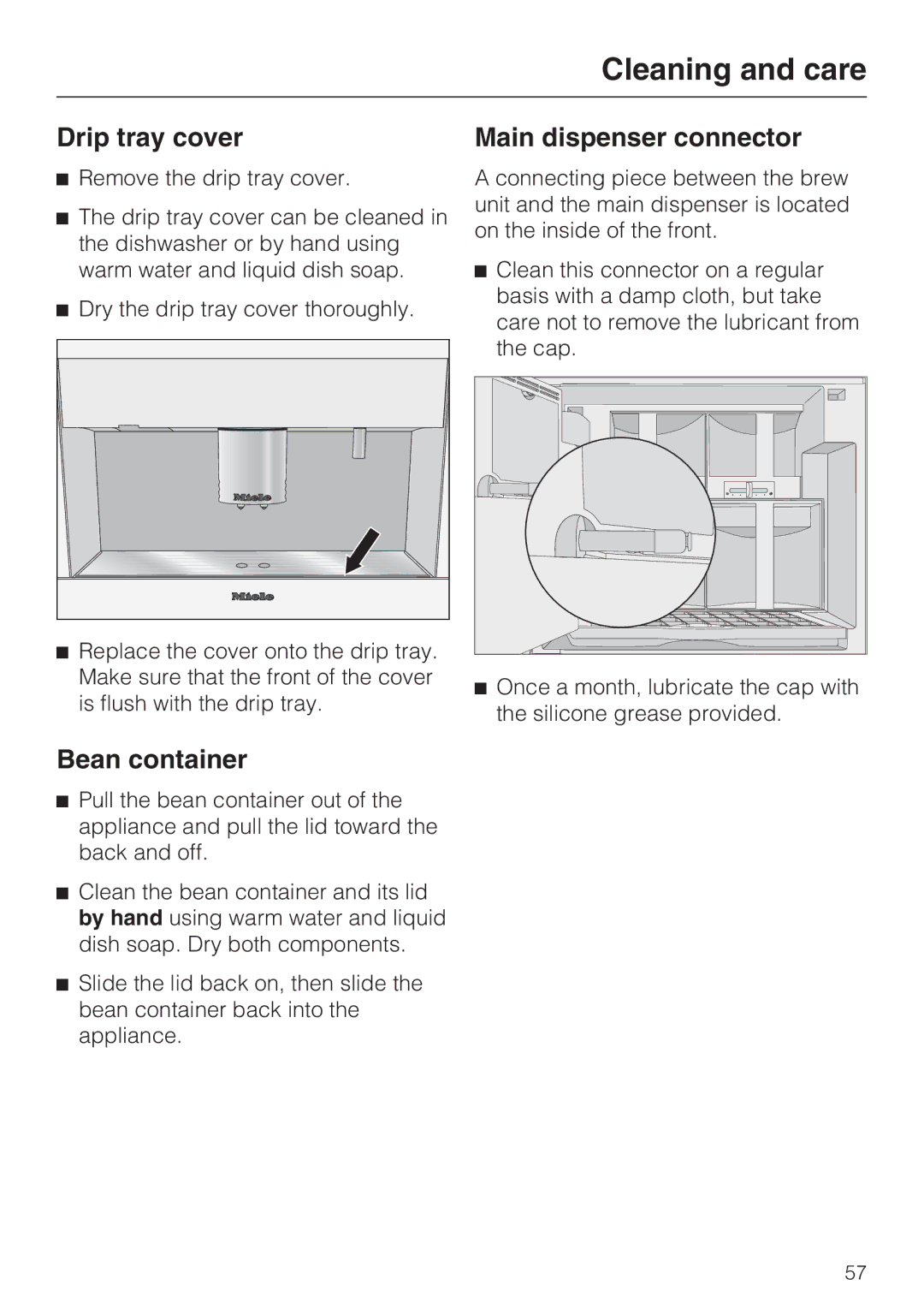 Miele 09 741 681 installation instructions Drip tray cover, Bean container, Main dispenser connector 