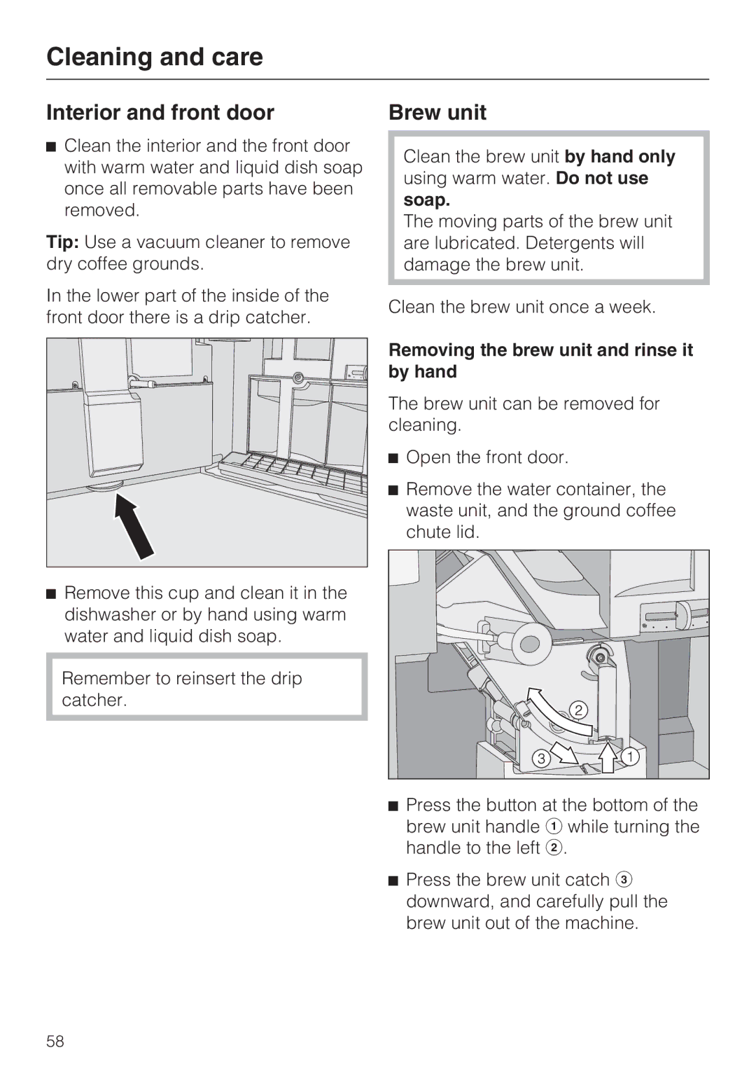 Miele 09 741 681 installation instructions Interior and front door, Removing the brew unit and rinse it by hand 
