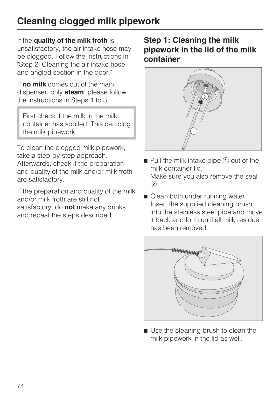 Miele 09 741 681 Cleaning clogged milk pipework, Cleaning the milk pipework in the lid of the milk container 
