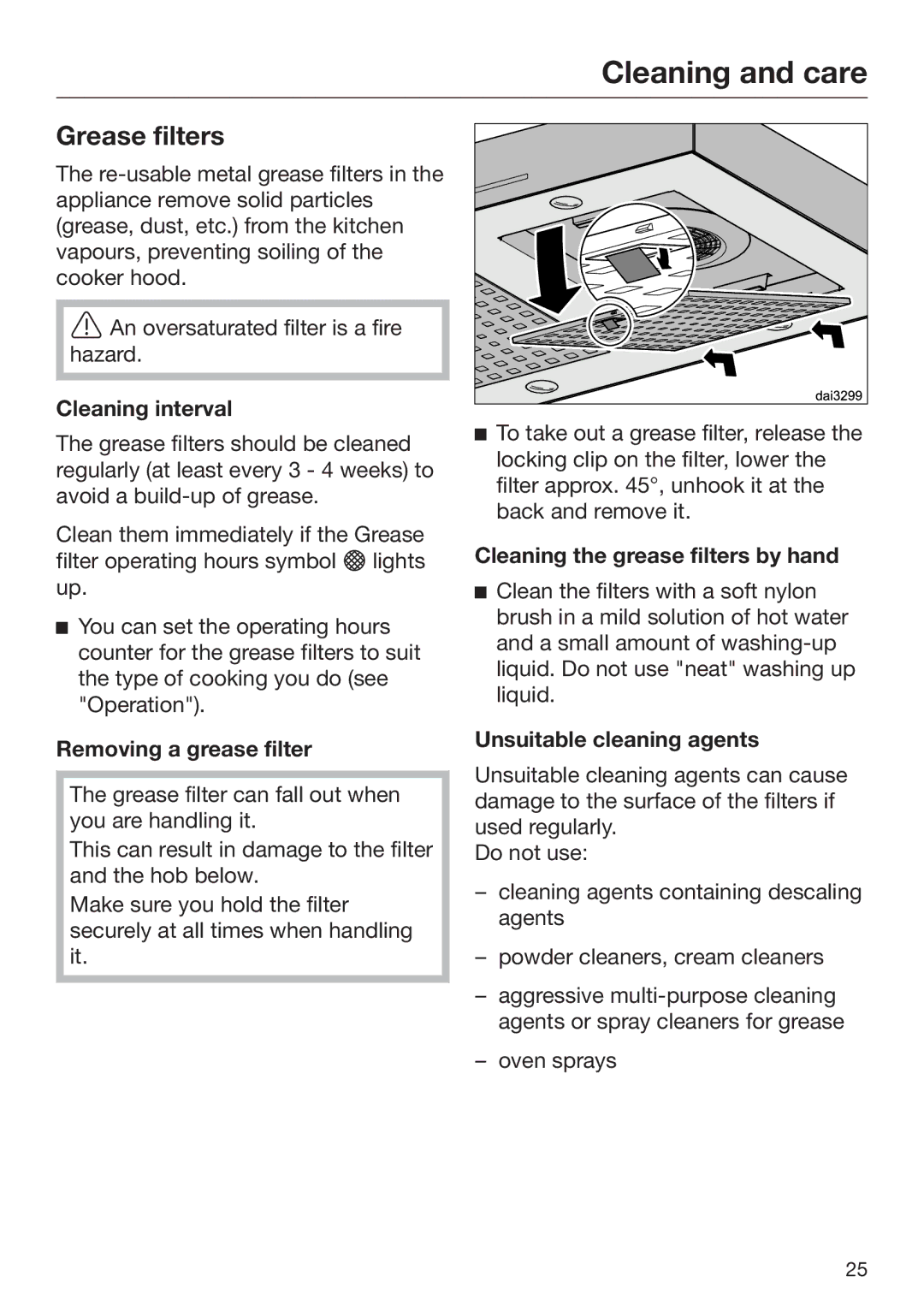 Miele 09 767 780 Grease filters, Cleaning interval, Removing a grease filter, Cleaning the grease filters by hand 