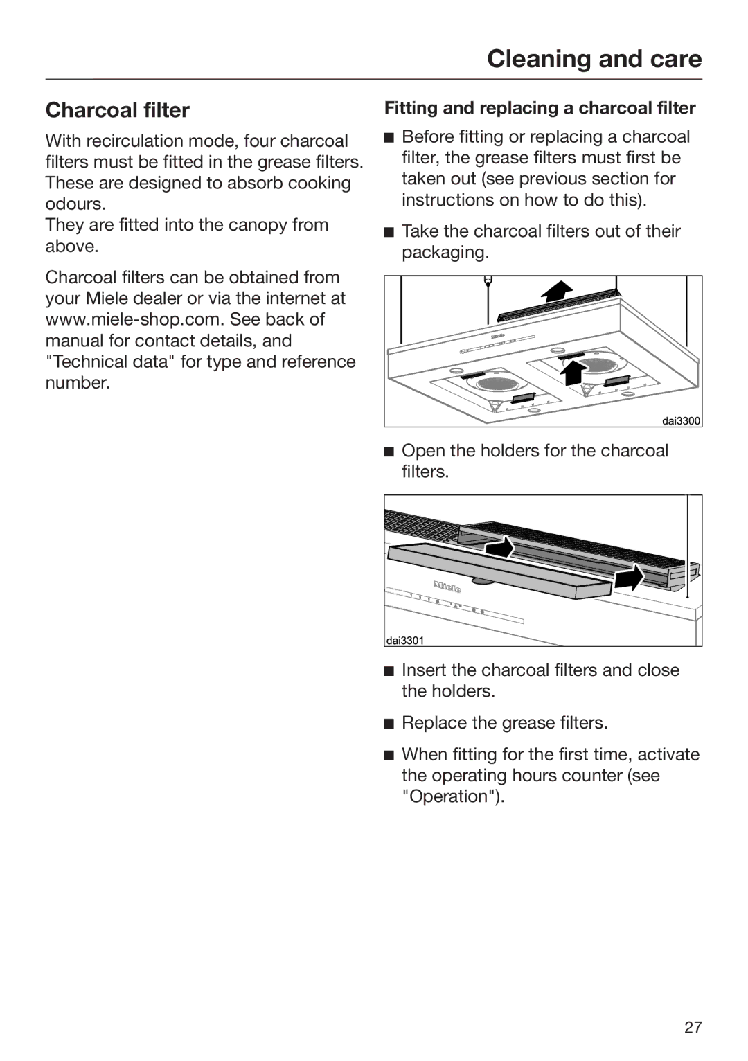 Miele 09 767 780 installation instructions Charcoal filter, Fitting and replacing a charcoal filter 