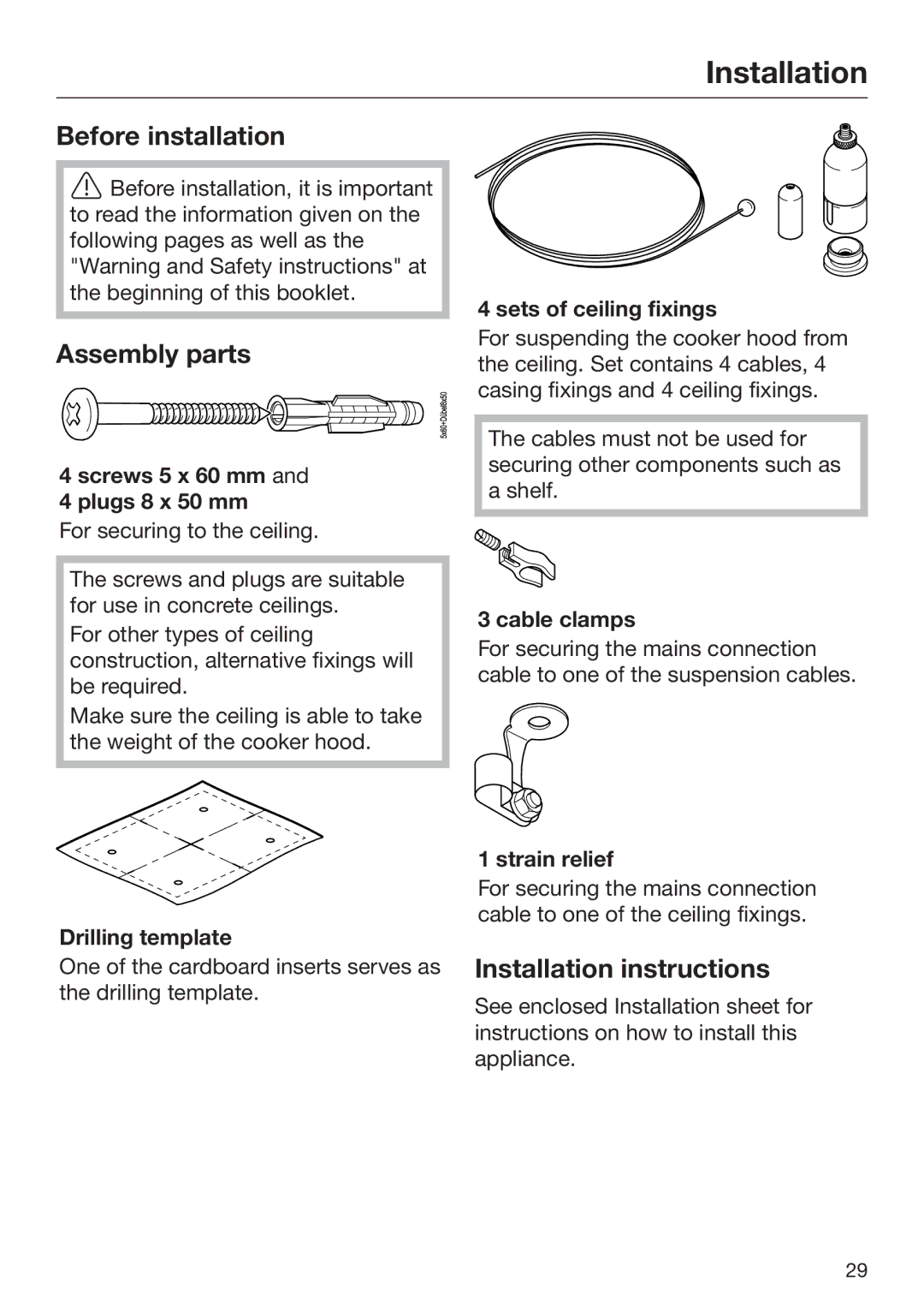 Miele 09 767 780 installation instructions Before installation, Assembly parts, Installation instructions 