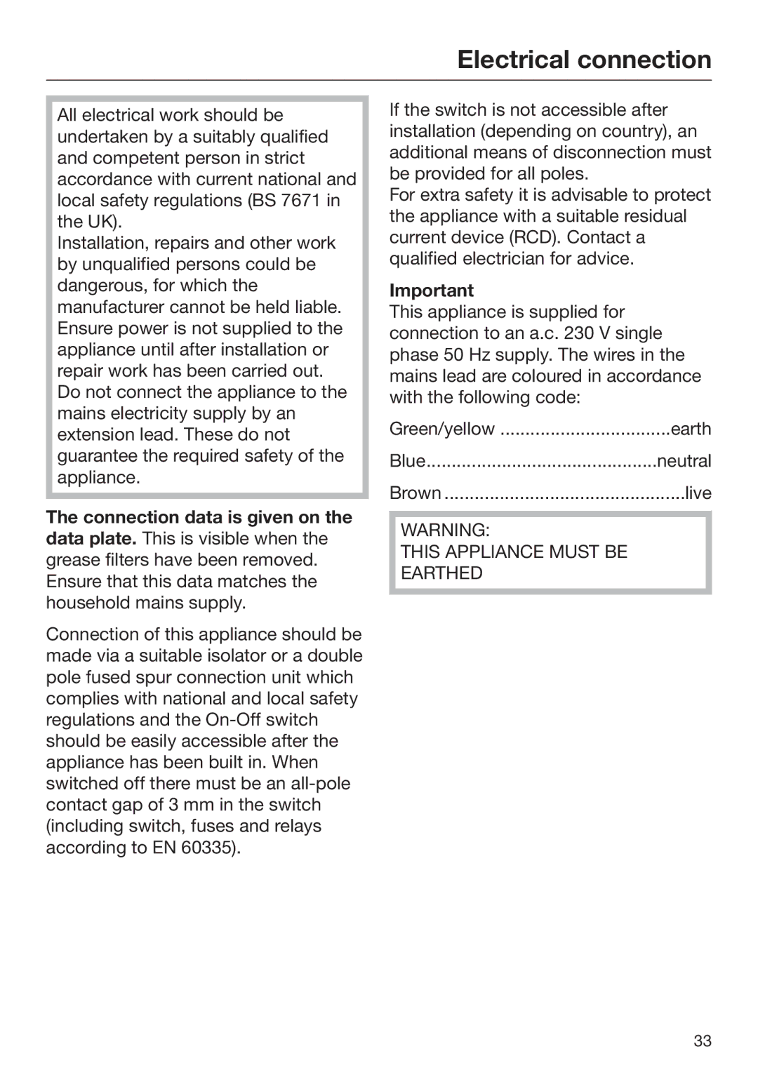 Miele 09 767 780 installation instructions Electrical connection 