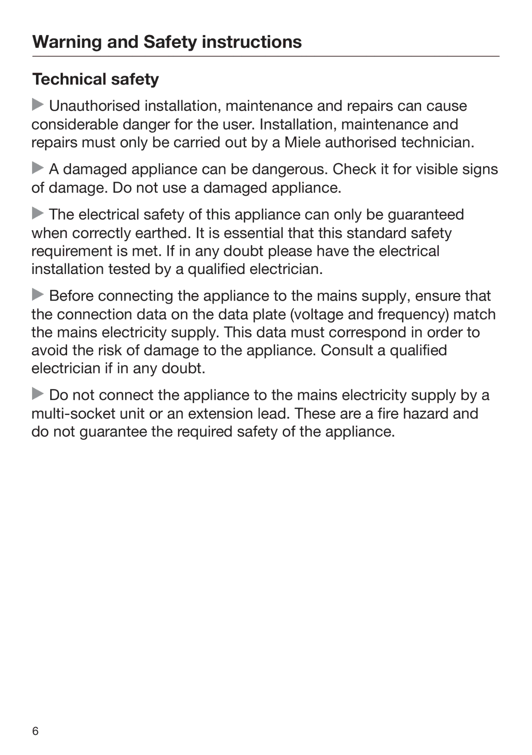 Miele 09 767 780 installation instructions Technical safety 